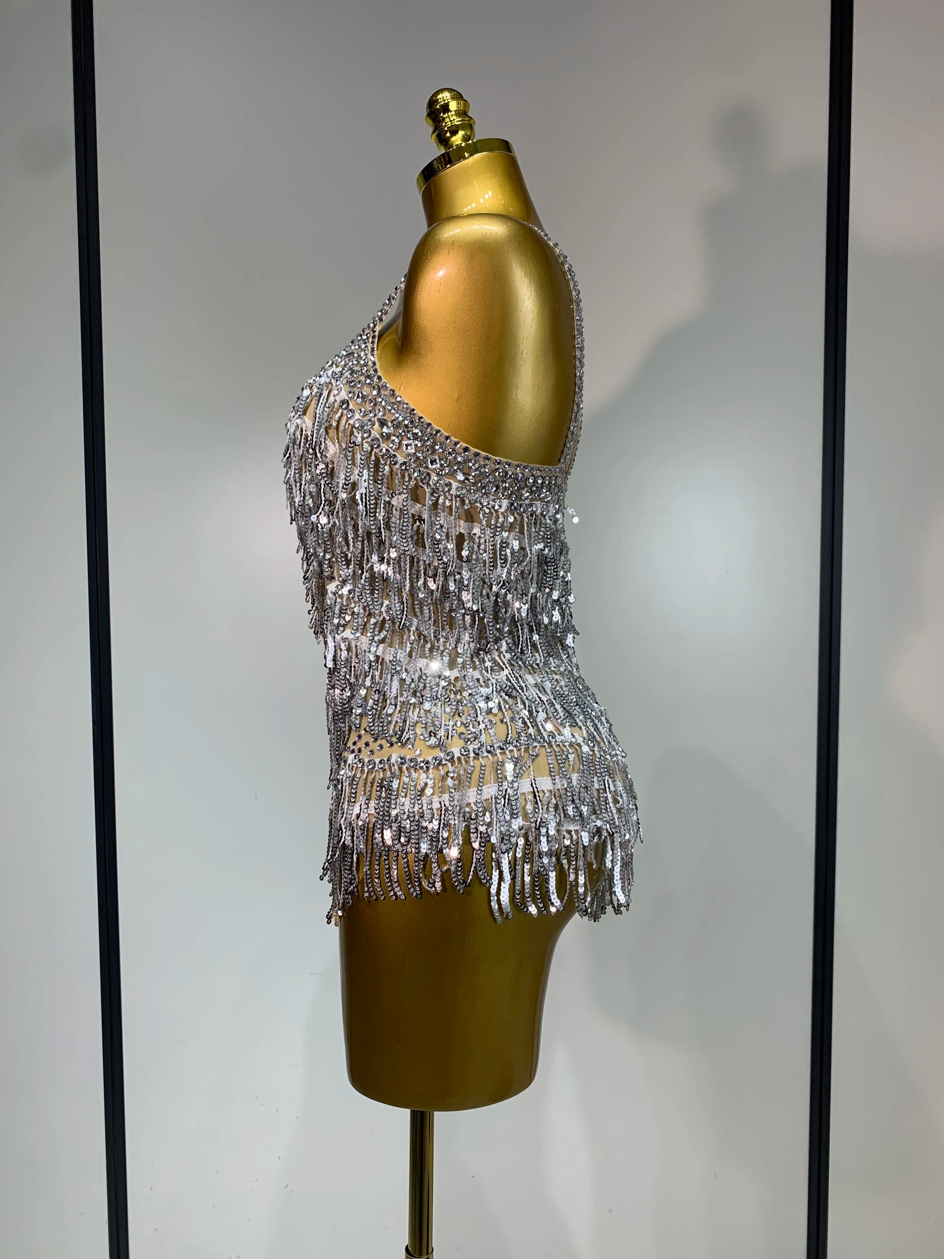 Anne Sparkly Rhinestones Sequins Tassel Sexy See-Through Bodysuit