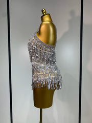 Anne Sparkly Rhinestones Sequins Tassel Sexy See-Through Bodysuit