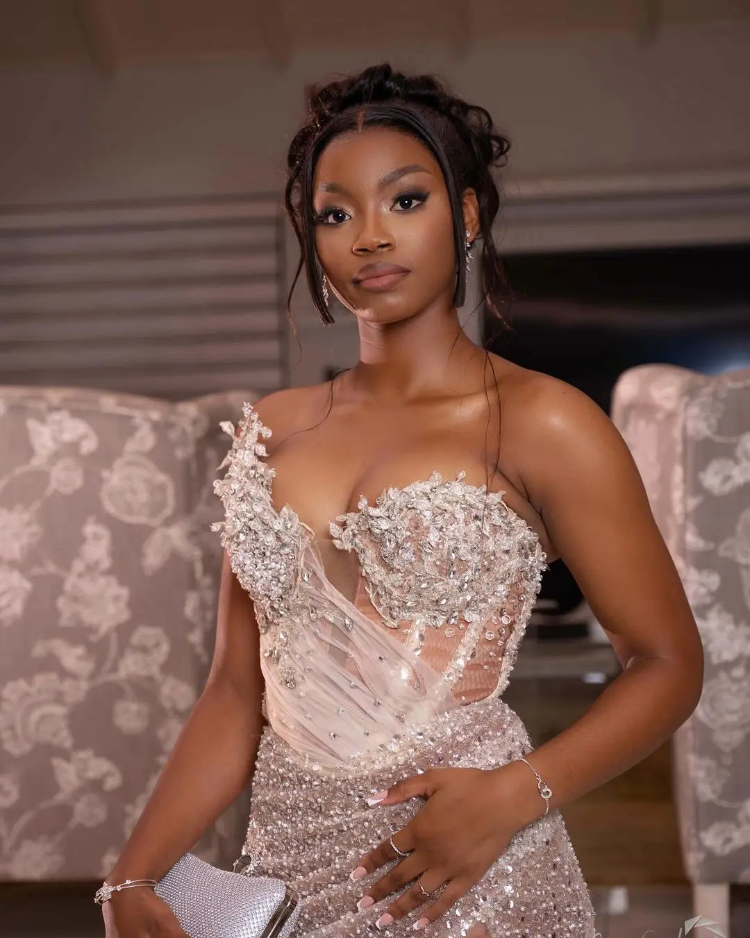 3D Appliques Luxury Beading Mermaid Prom Dress Sexy Side Slit