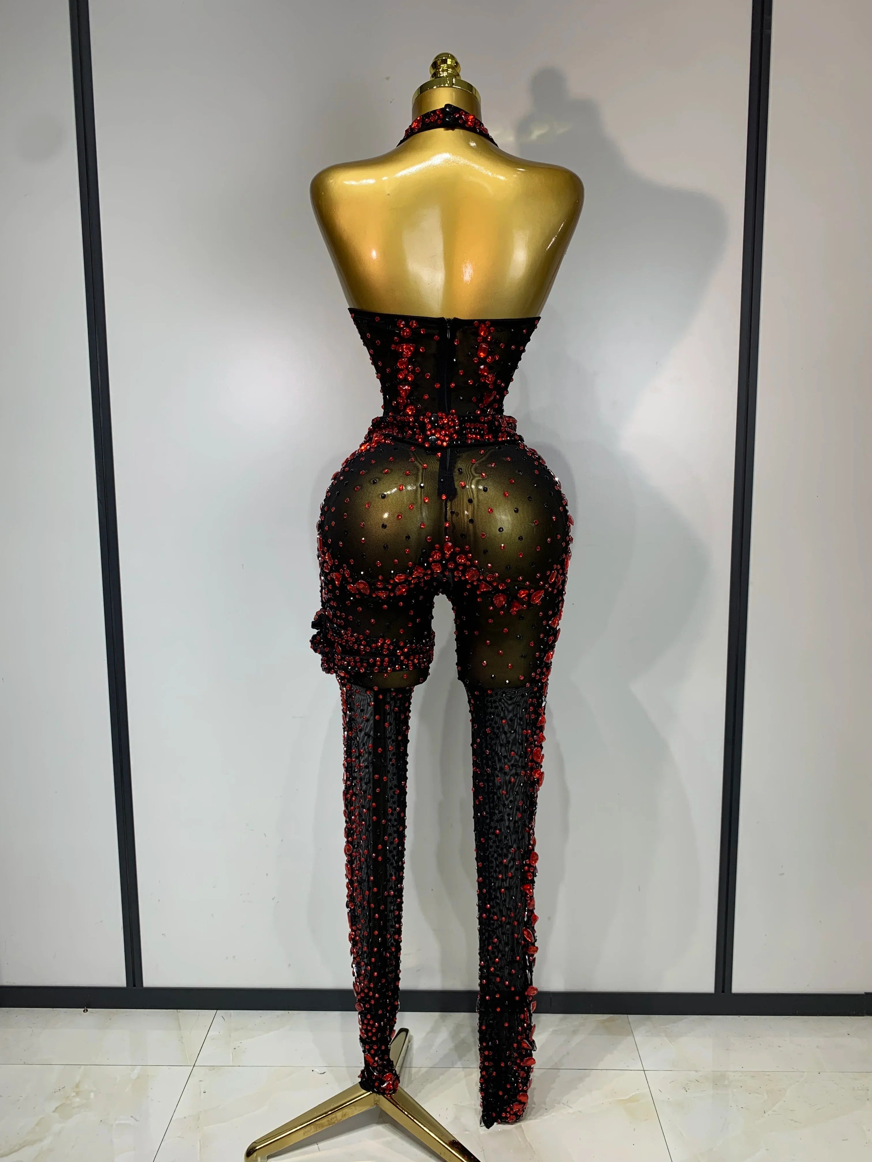 Amanda Backless Red Rhinestone Black Mesh Bodycon Jumpsuit