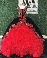 Black and Red Spaghetti Straps Quinceanera Tiered Ball Gown