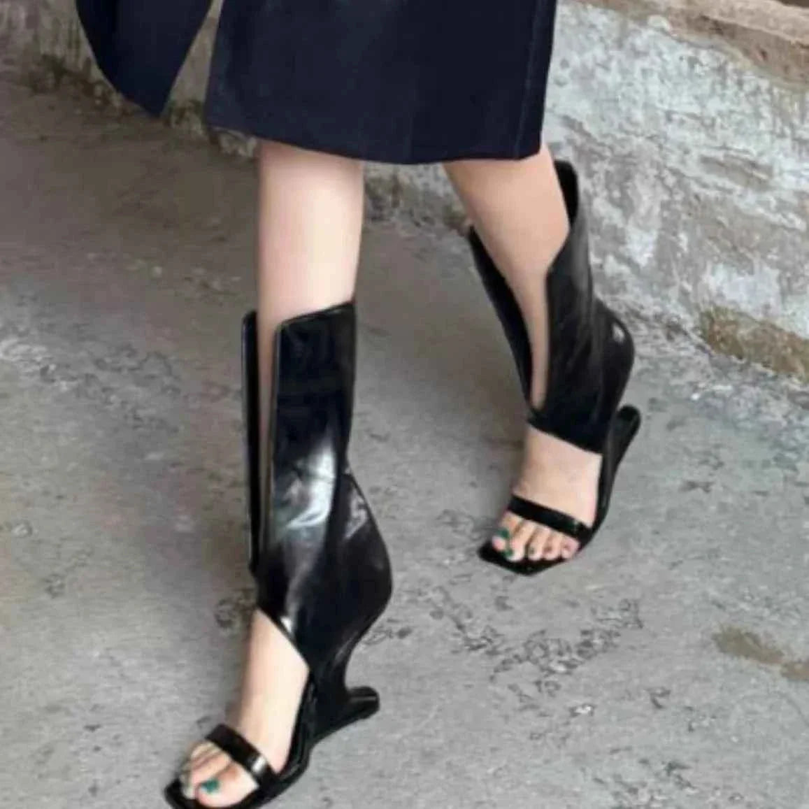 Black Leather Cutout Mid Calf Sandal Boots Square Open Toe Single Strap Wedge Heel