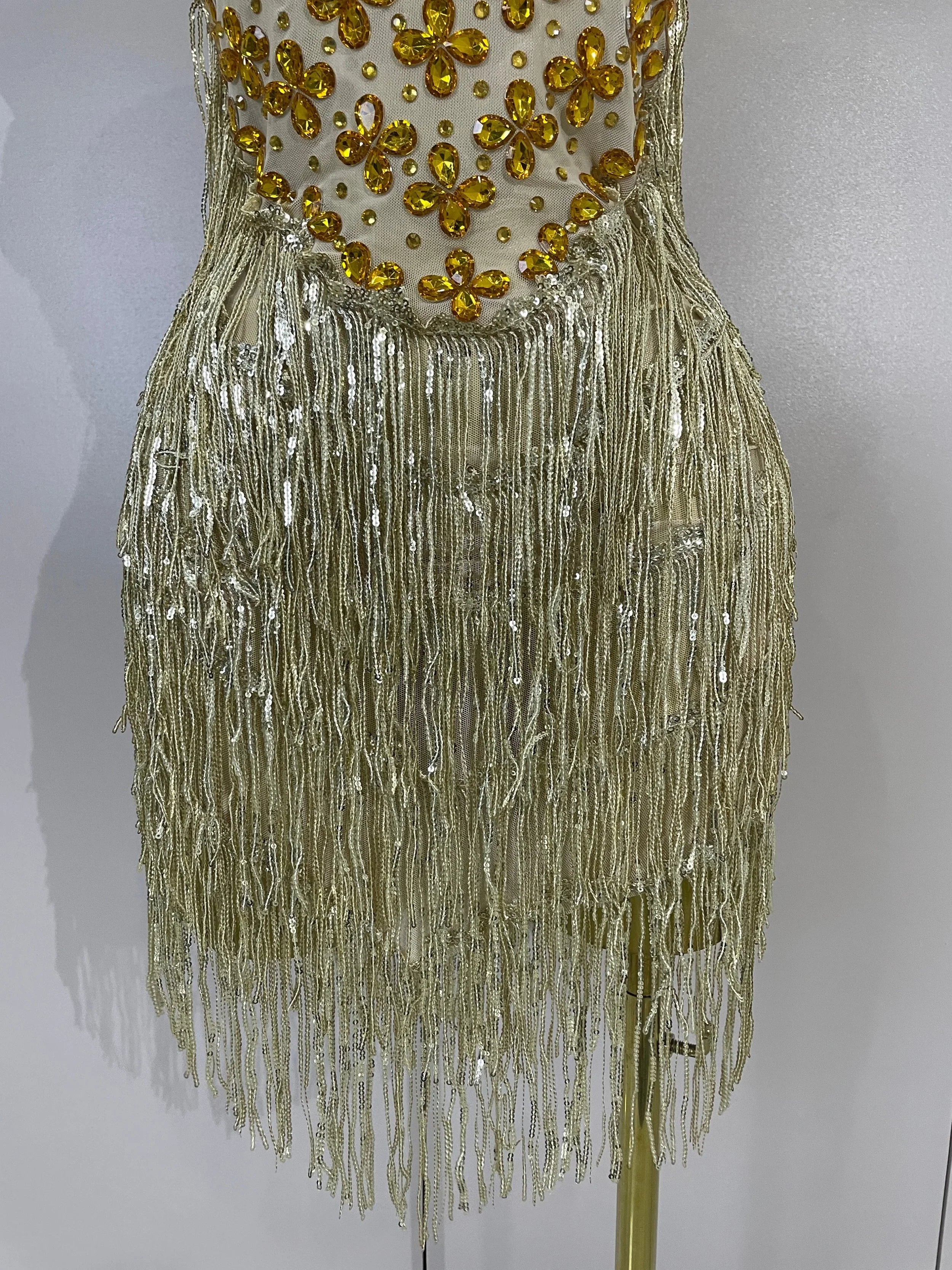 Aaliyah Gold Diamond Mesh Tassel Bodycon Mini Dress