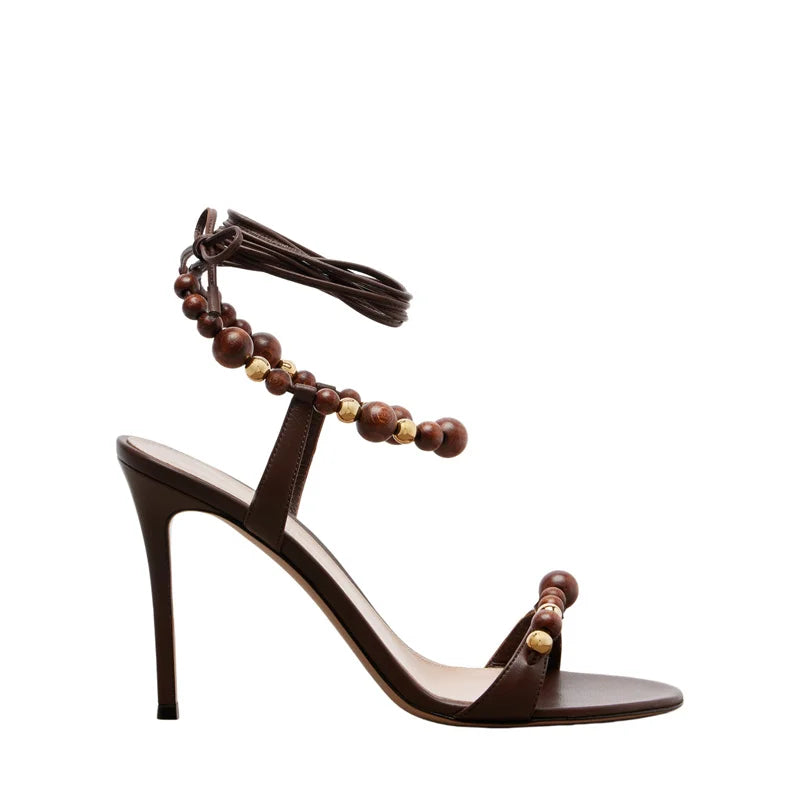 Bohemian Beaded  Ankle Wrap Stiletto Sandals Leather Open-Toe Lace-Up High Heels