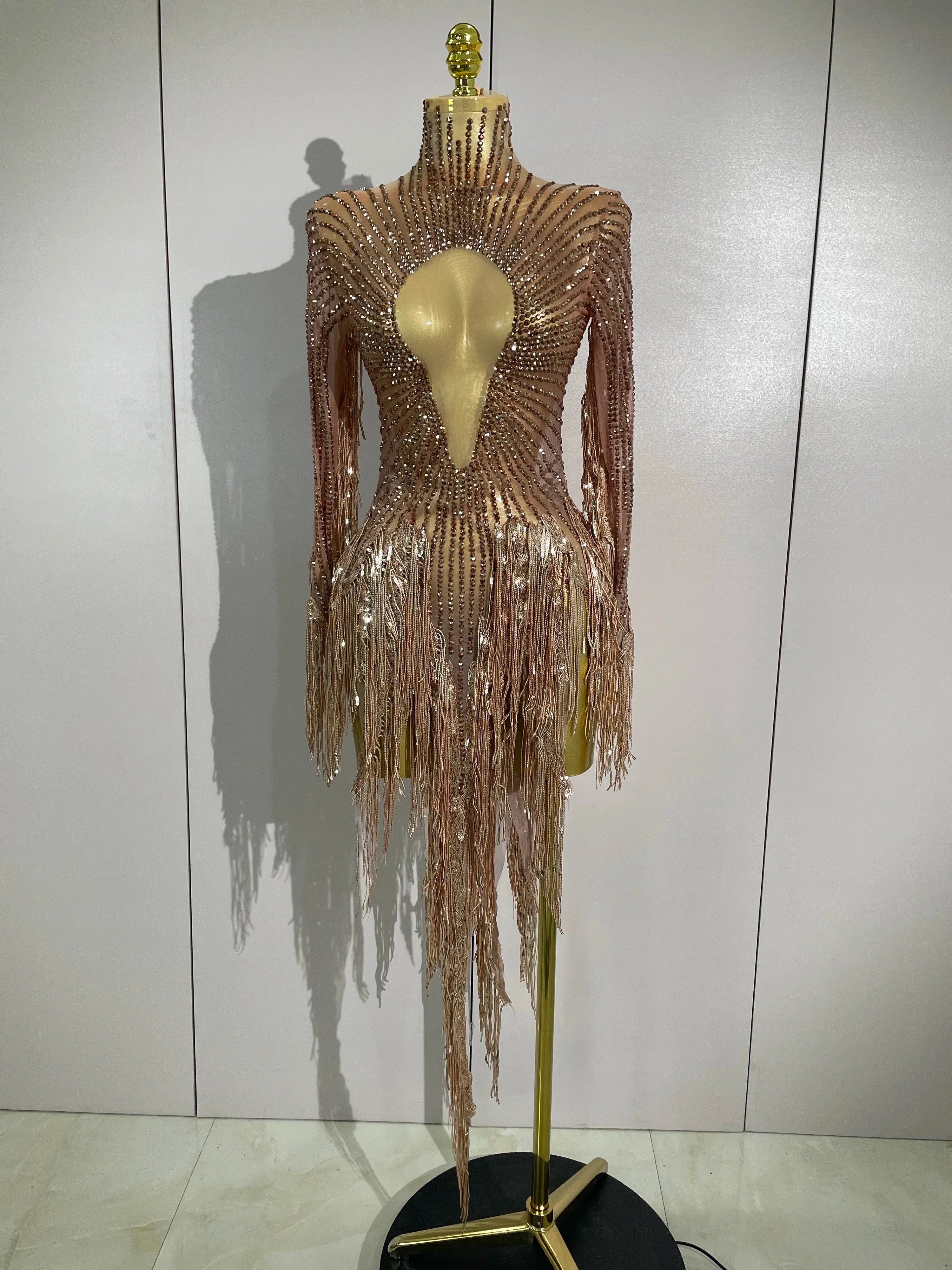 Aimee Sexy Sheer Mesh Long Sleeve Sparkly Rhinestone Sequin Tassel Dress