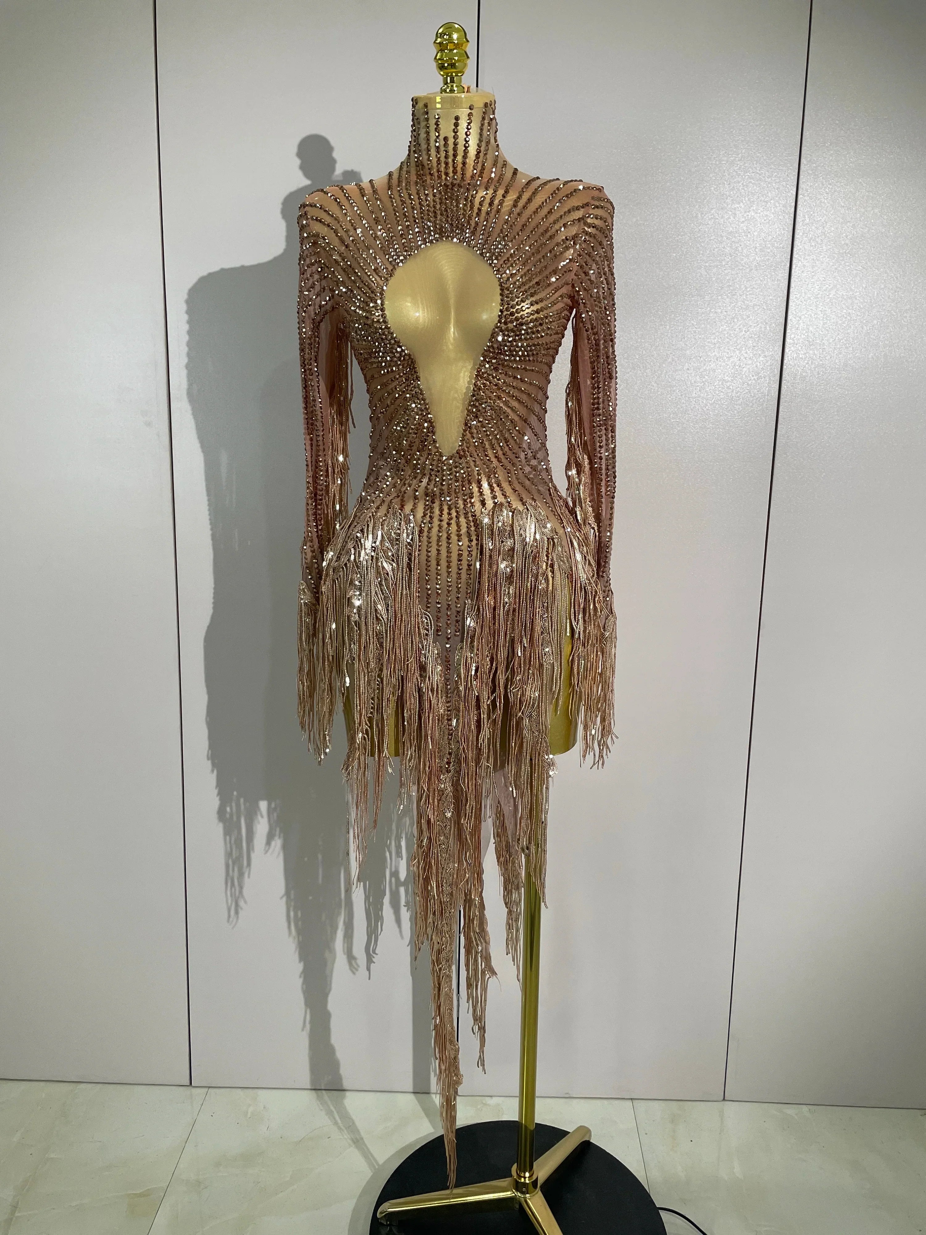 Aimee Sexy Sheer Mesh Long Sleeve Sparkly Rhinestone Sequin Tassel Dress