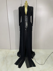 Alie Elegant Sparkly Diamond Long Sleeve Mesh See-Through Maxi Abaya Party Dress