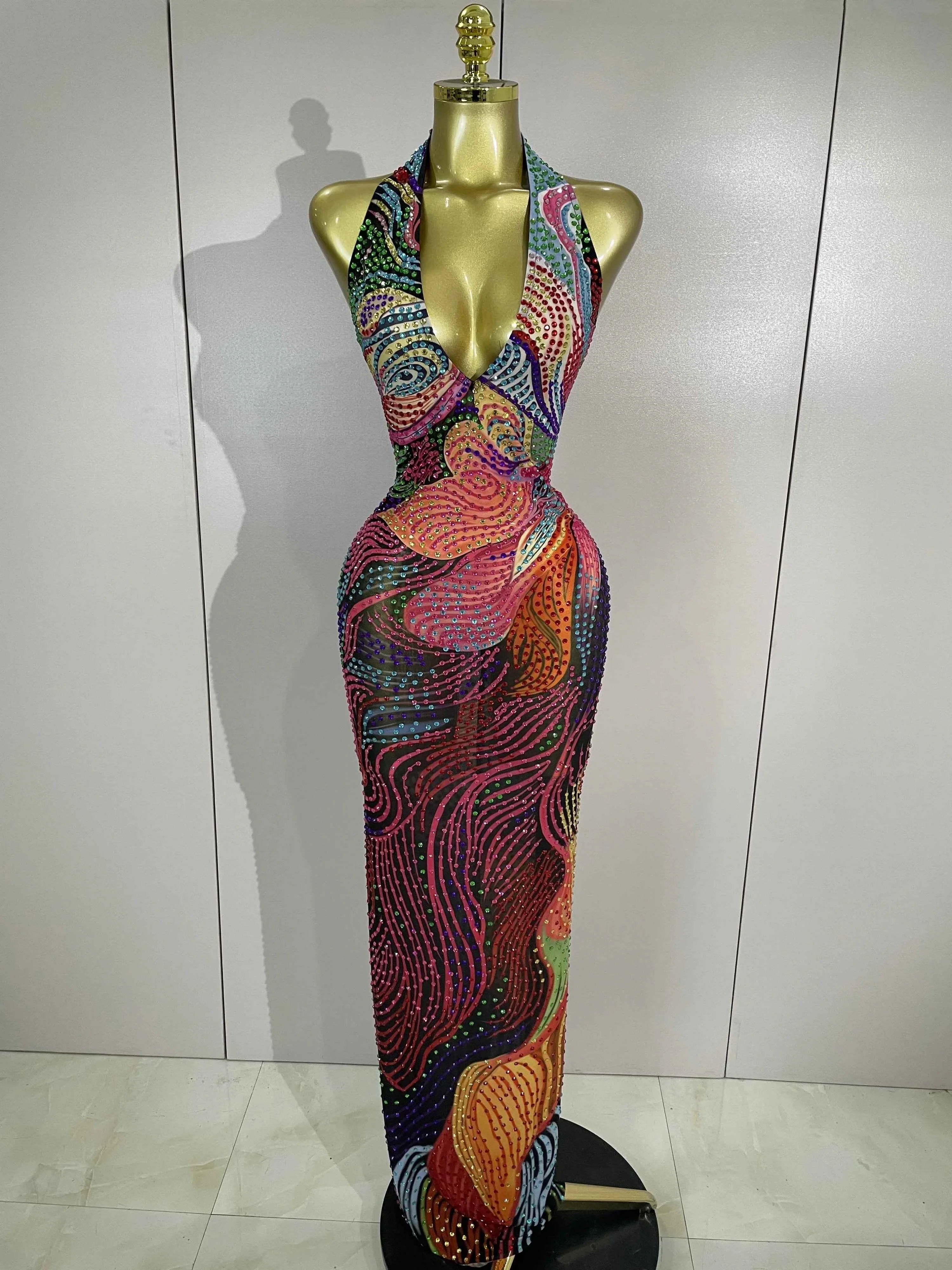 Aviana Colorful Halter Rhinestone Print Long Dress