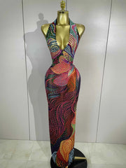 Aviana Colorful Halter Rhinestone Print Long Dress