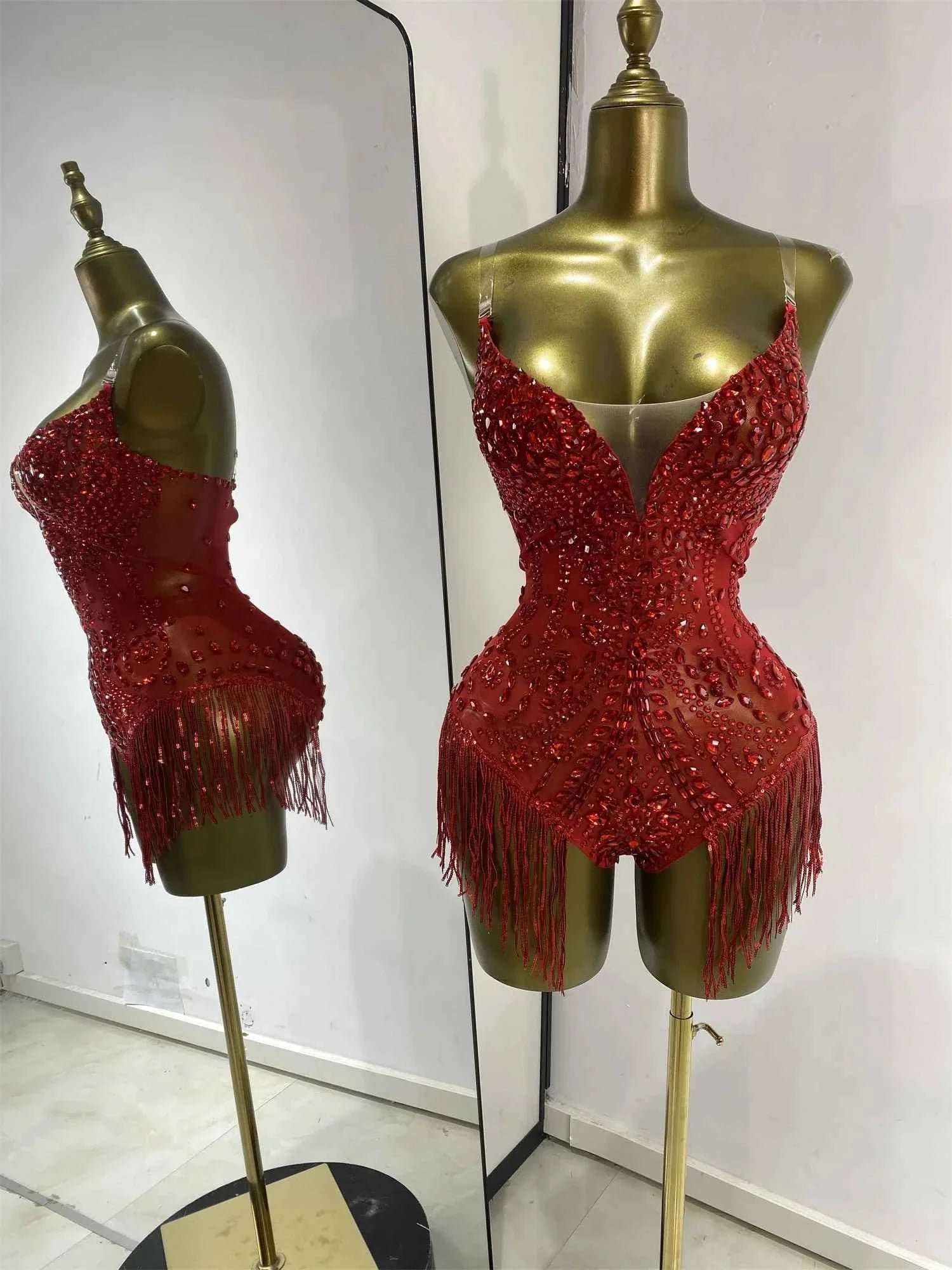 Bridgette Red Rhinestone Tassel Mesh Bodysuit for Women