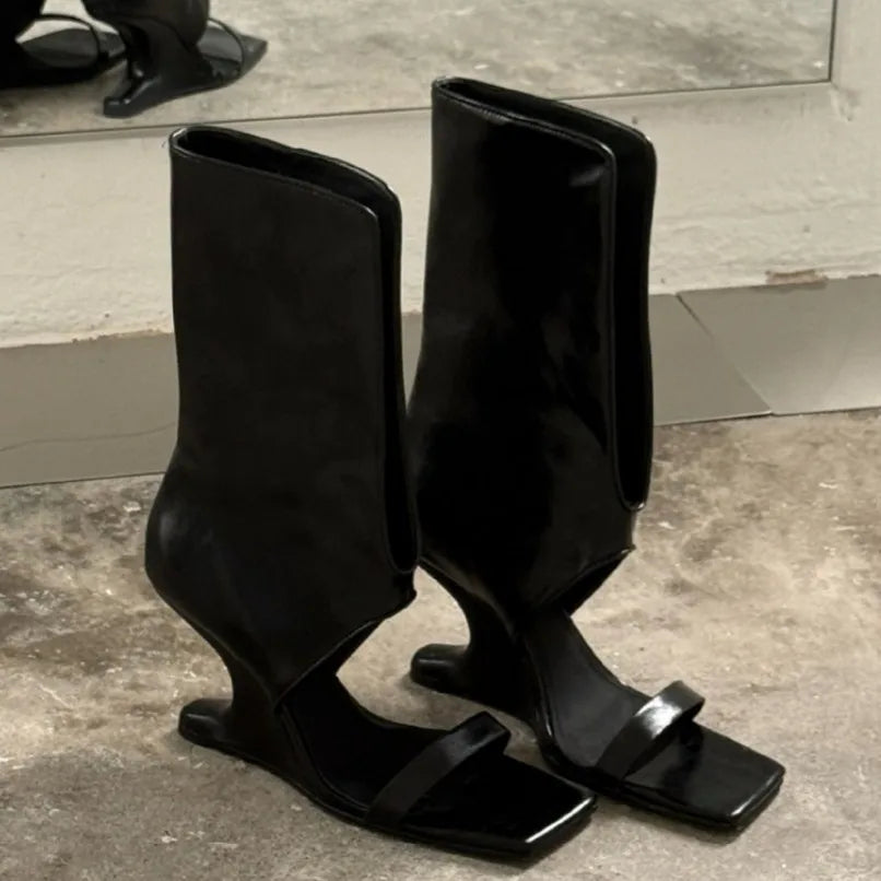 Black Leather Cutout Mid Calf Sandal Boots Square Open Toe Single Strap Wedge Heel