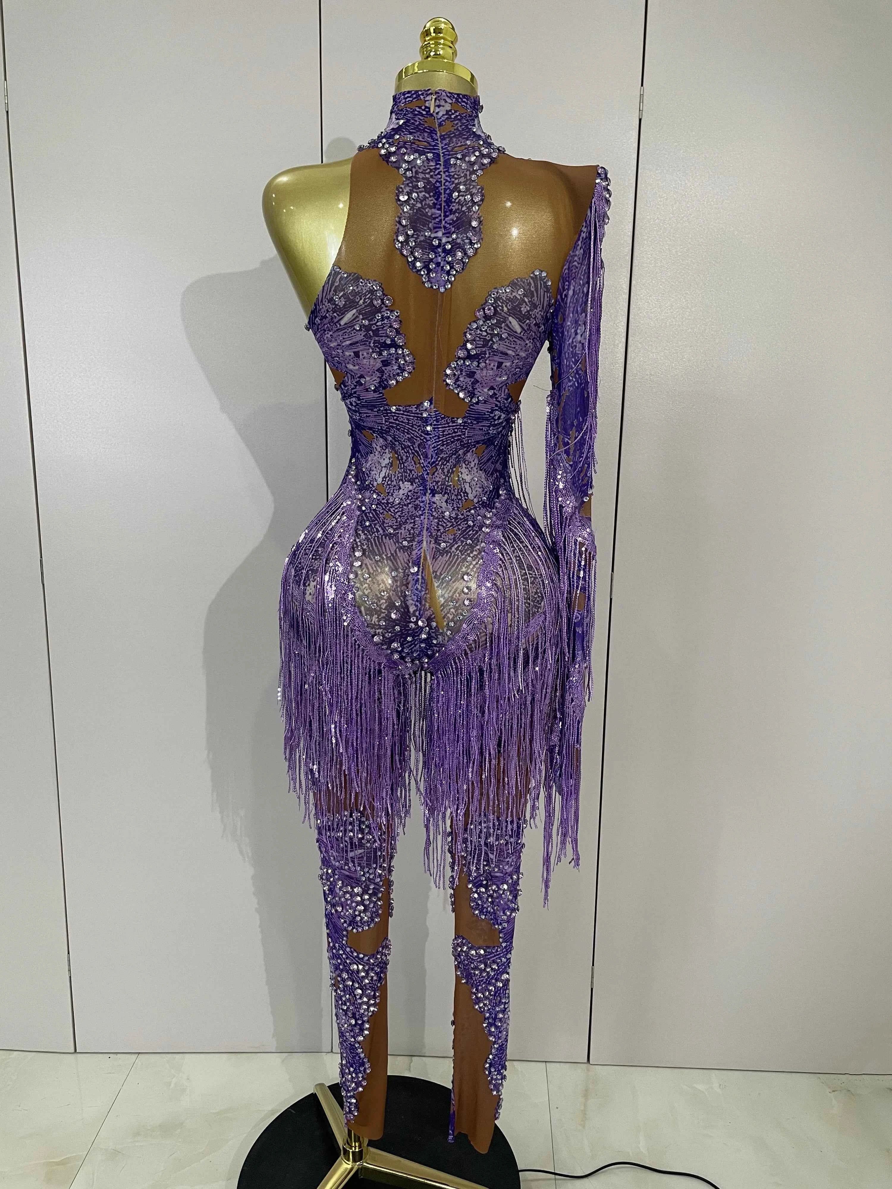 Dayla Sparkle Diamond Purple Tassel One-Shoulder Mesh Jumpsuit