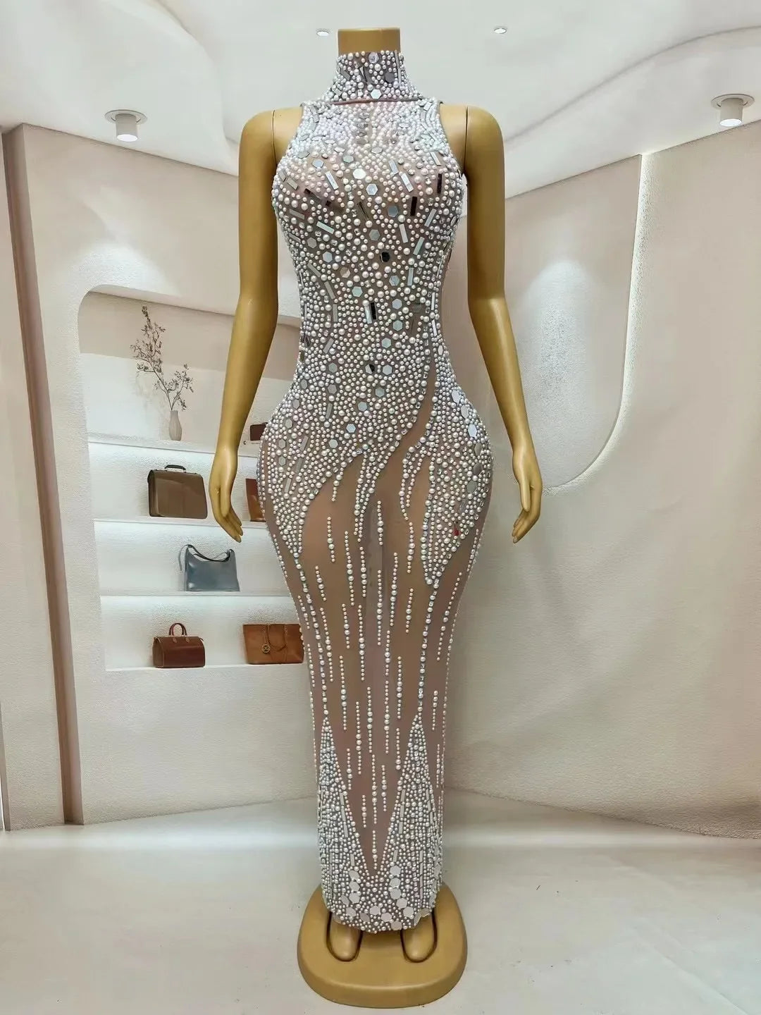 Amina Silver Mirror Rhinestone Pearl Prom Dress