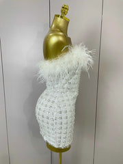 Carmina White Feather Sequin Strapless Bodycon Mini Dress