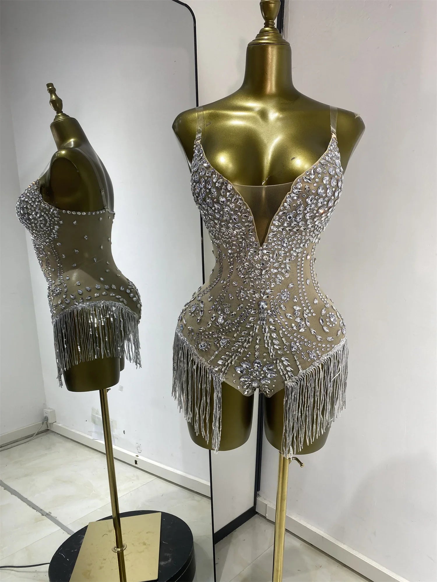 Bridgette Red Rhinestone Tassel Mesh Bodysuit for Women