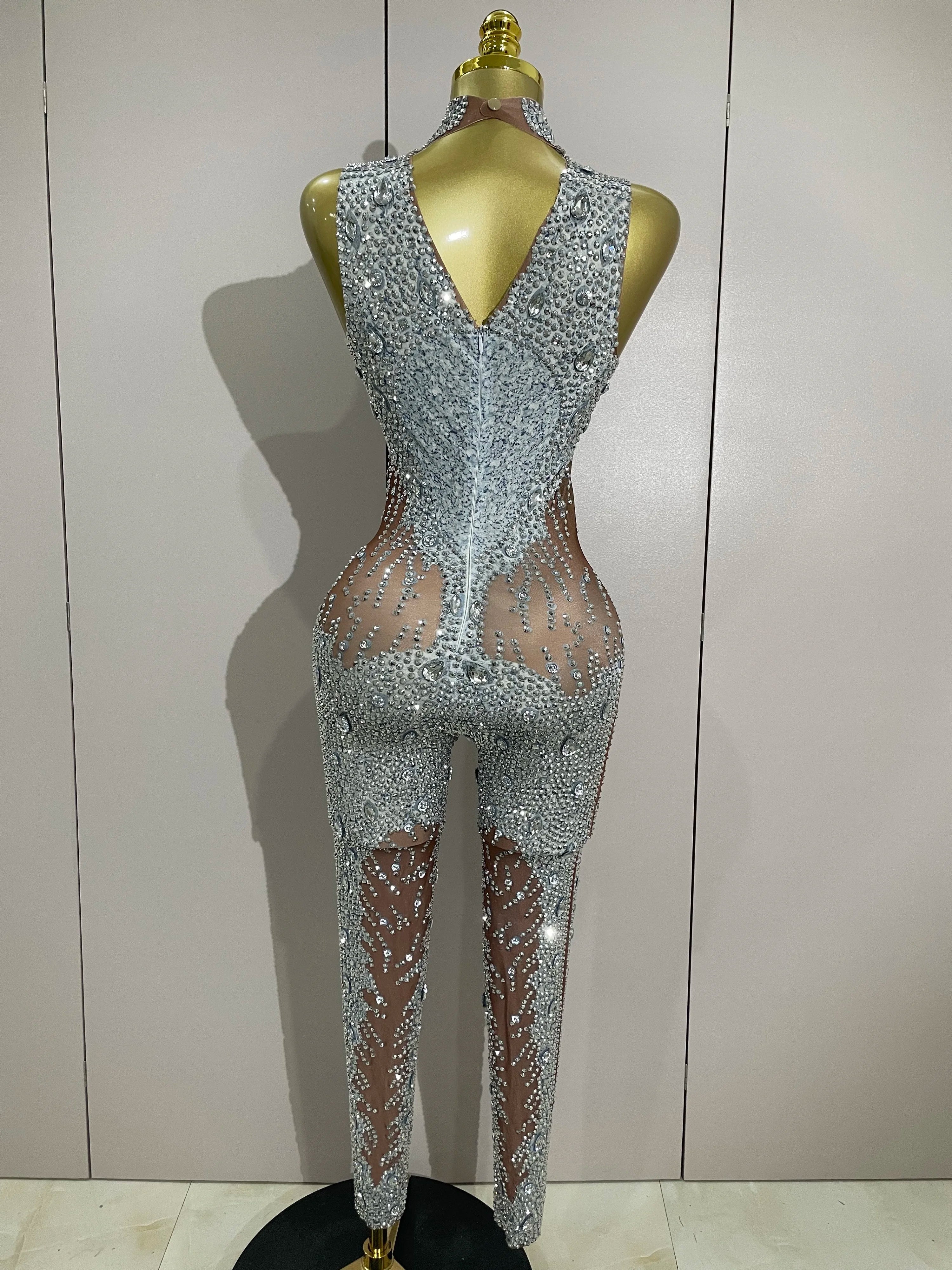 Amina Luxury Sleeveless Rhinestone Bodycon Jumpsuit