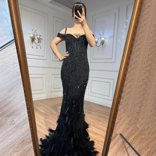 Black Luxury Beaded Feathers Mermaid Evening Dress Off Shoulder Sexy Slit