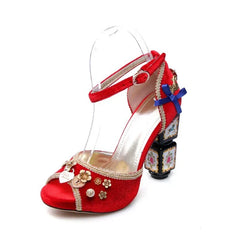 Black Velvet Pearl Special-Shaped Peep Toe Sandals Flower Bow Buckles High Heels