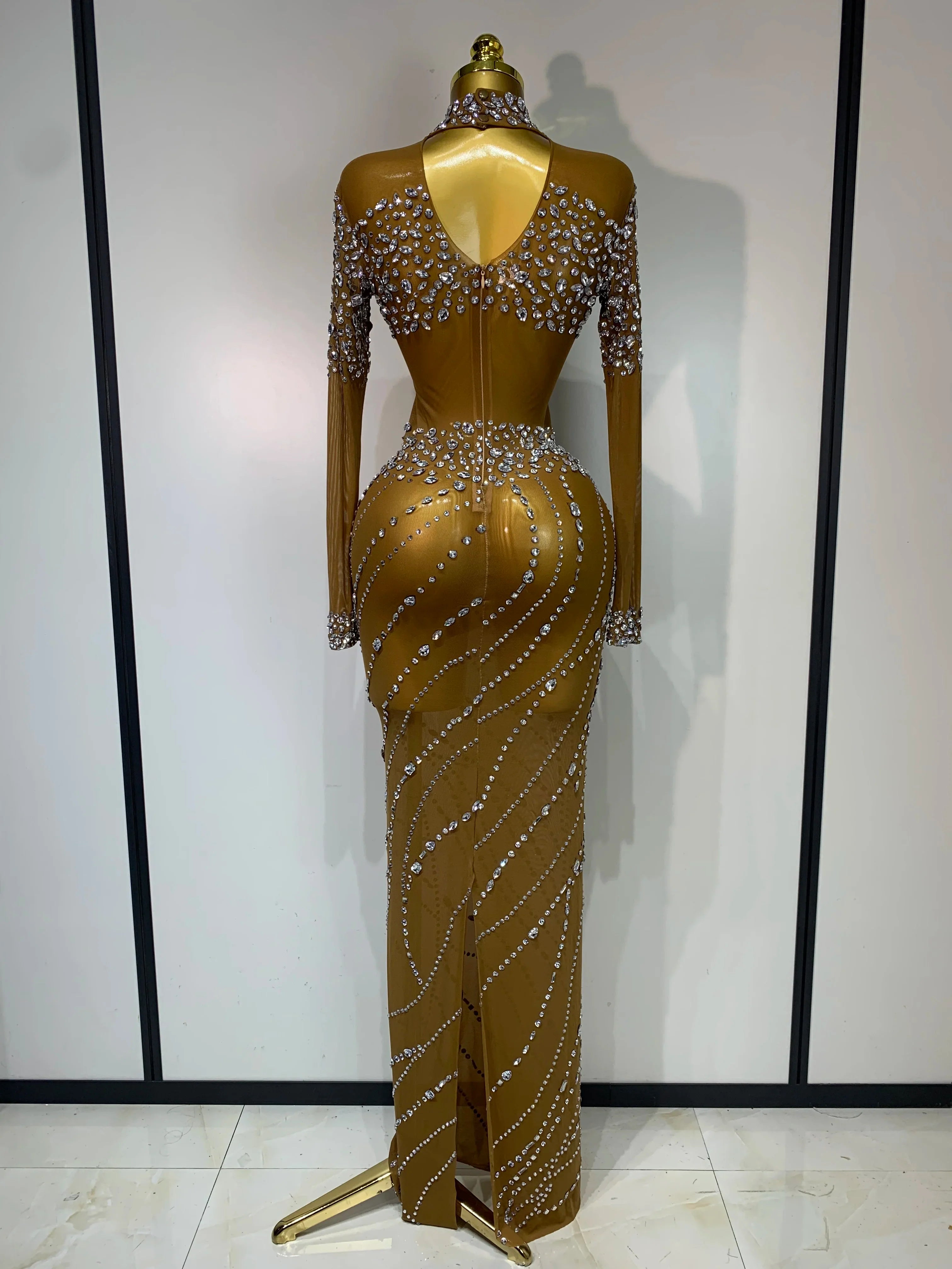Colette Sparkly Brown Rhinestone Mesh Long Dress