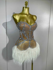 Corri Sparkly Diamonds Tassel Sexy Strapless Mesh Sheer Mini
