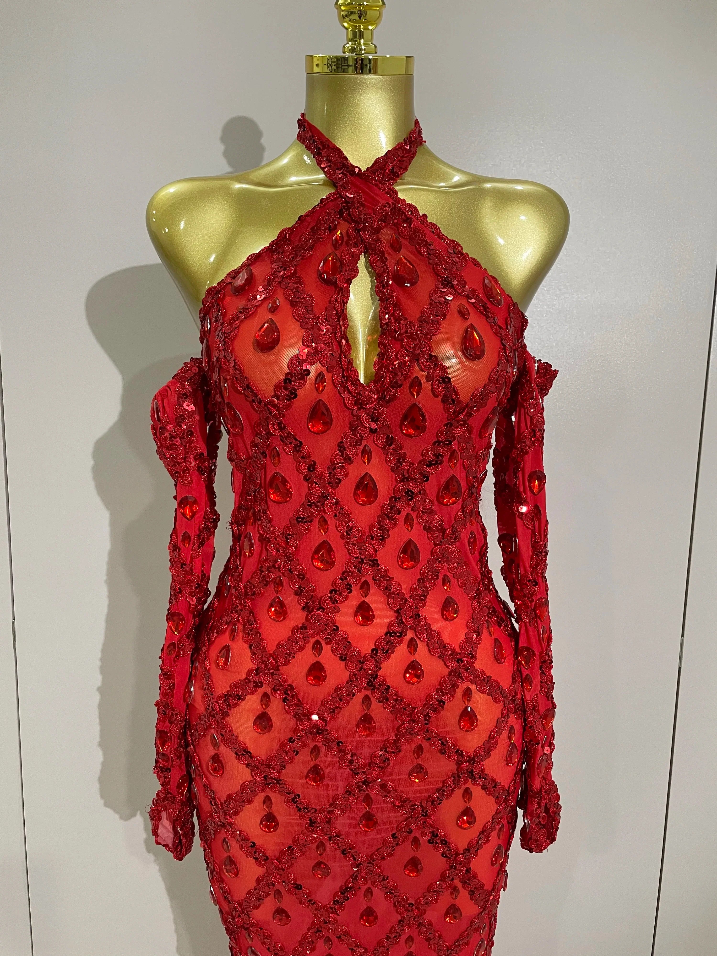 Avery Sparkly Rhinestones Halter Mesh Long Dress With Gloves