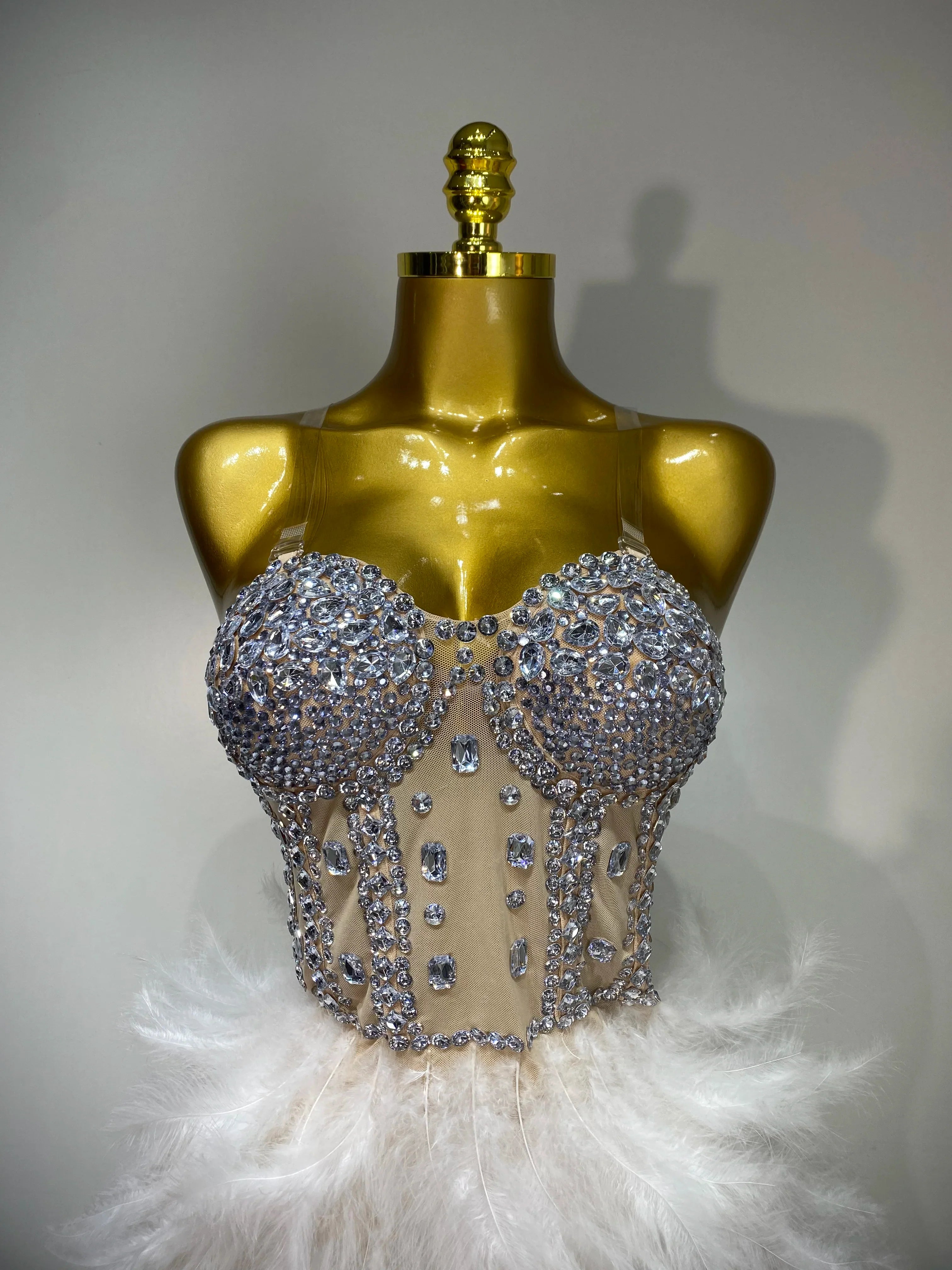 Anna Sparkly Rhinestone Feather Mesh Long Dress