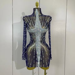 Ajay Sheer Mesh See-Through Sparkling Diamond Sequin Long Sleeve Mini Dress