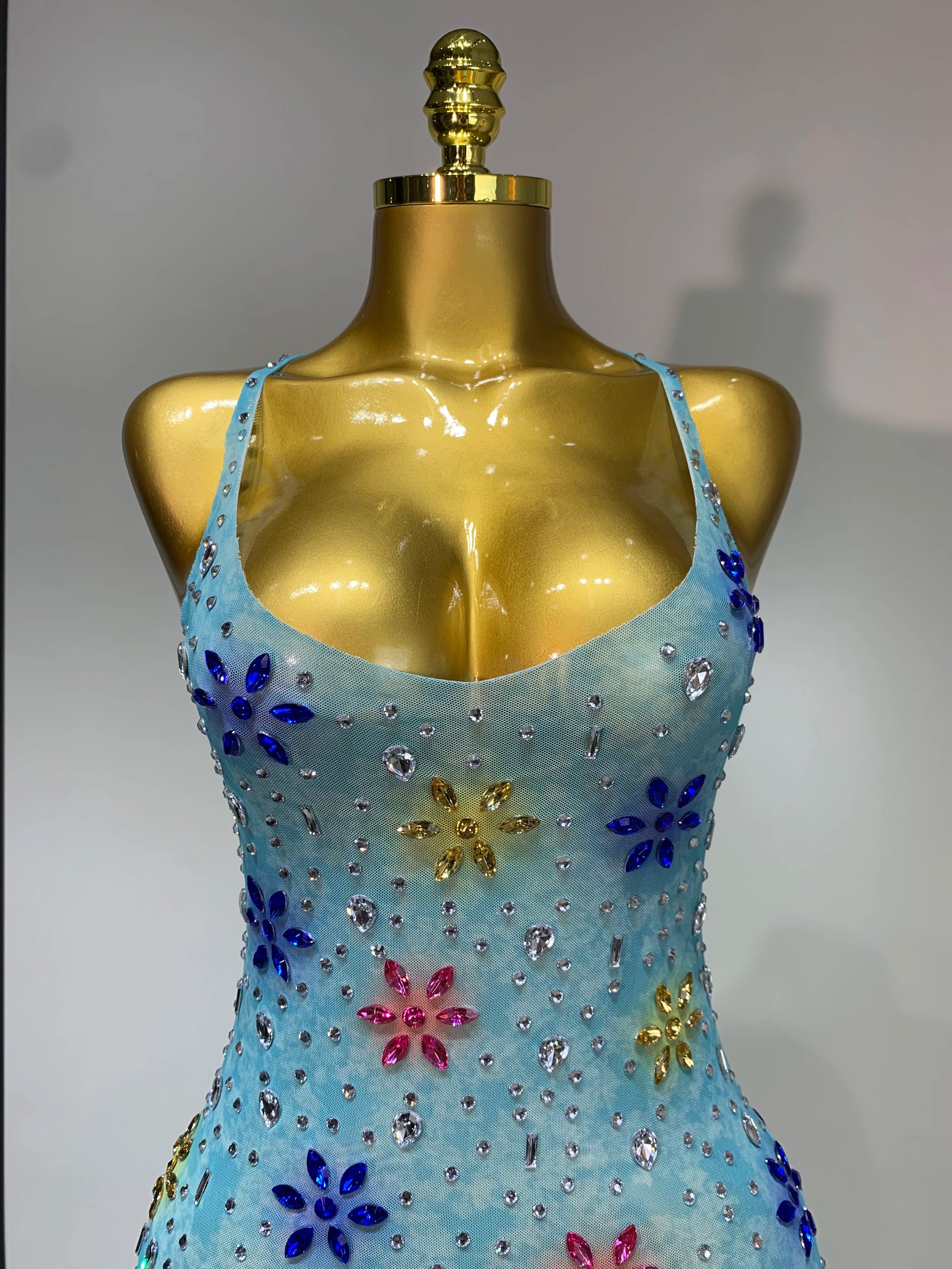 A'Riah Sexy Mesh High Split Sparkly Diamonds See Through Dress