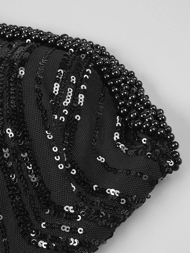 Amara – Black Pearl Chain Strapless Feather Mini Dress