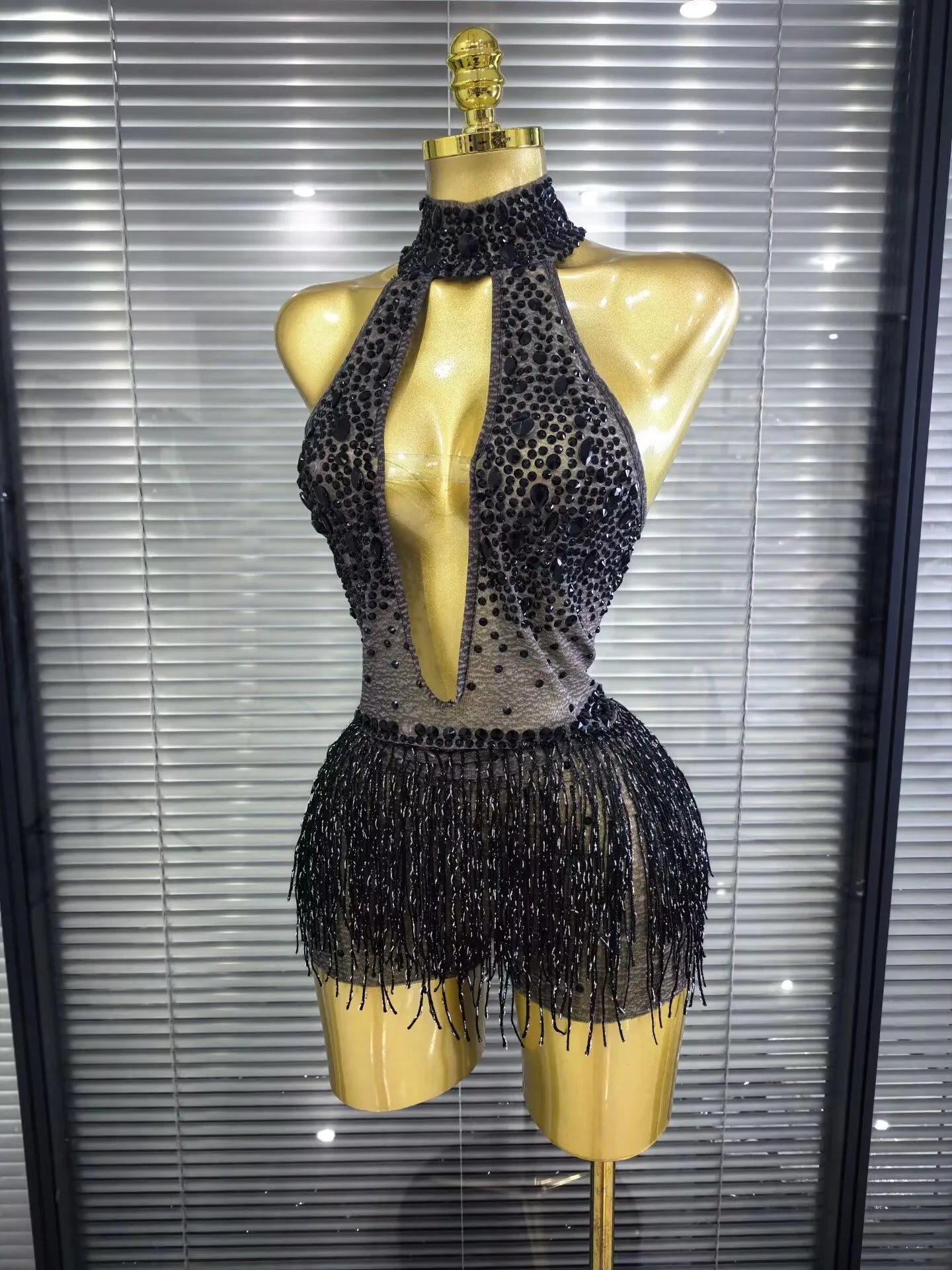 Denise Sexy Mesh See-Through Sequin Tassel Bodycon Bodysuit