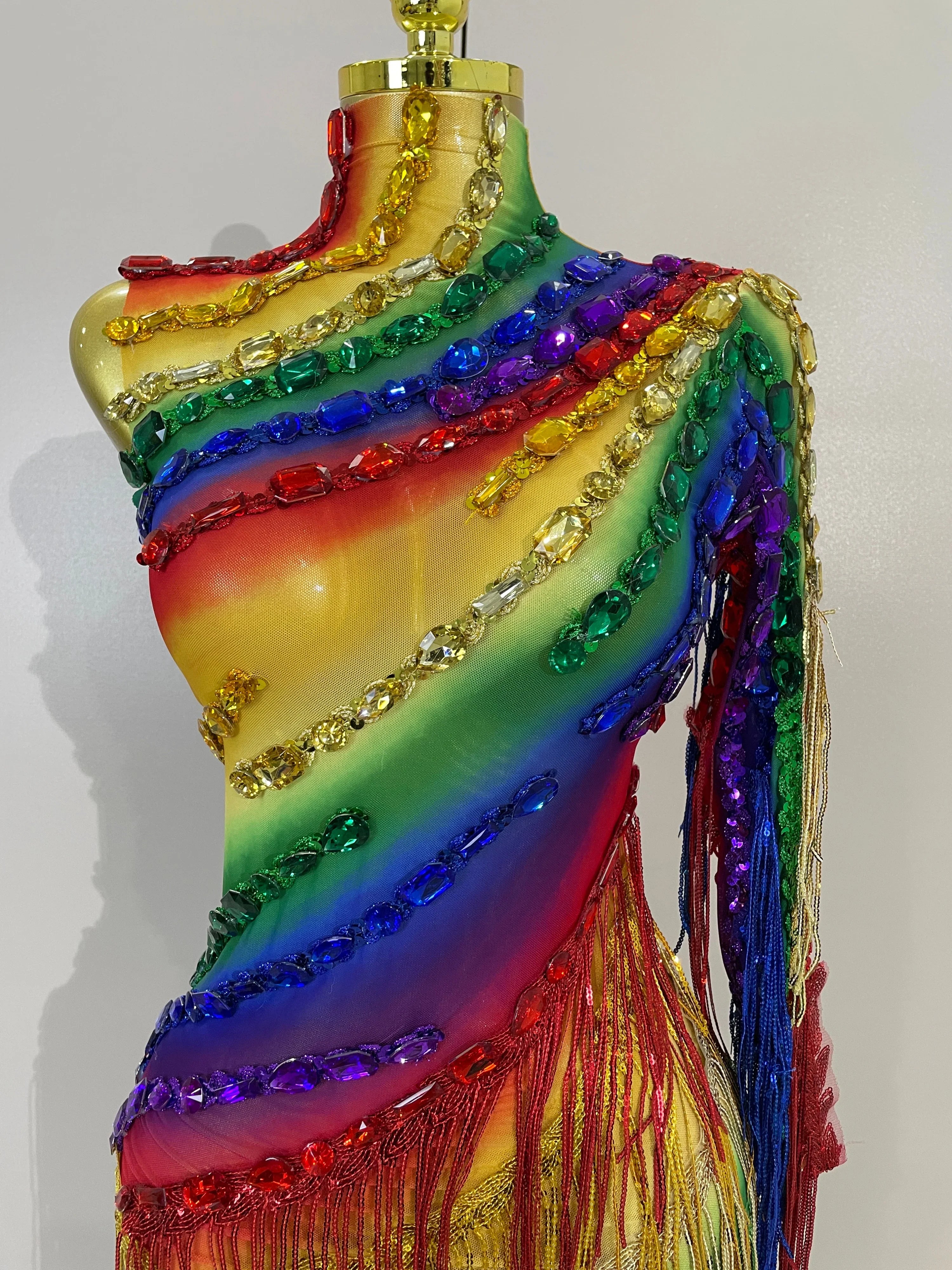 Caitlin Colorful Sparkly Rhinestones One Shoulder Tassel Sexy See-Through Dress
