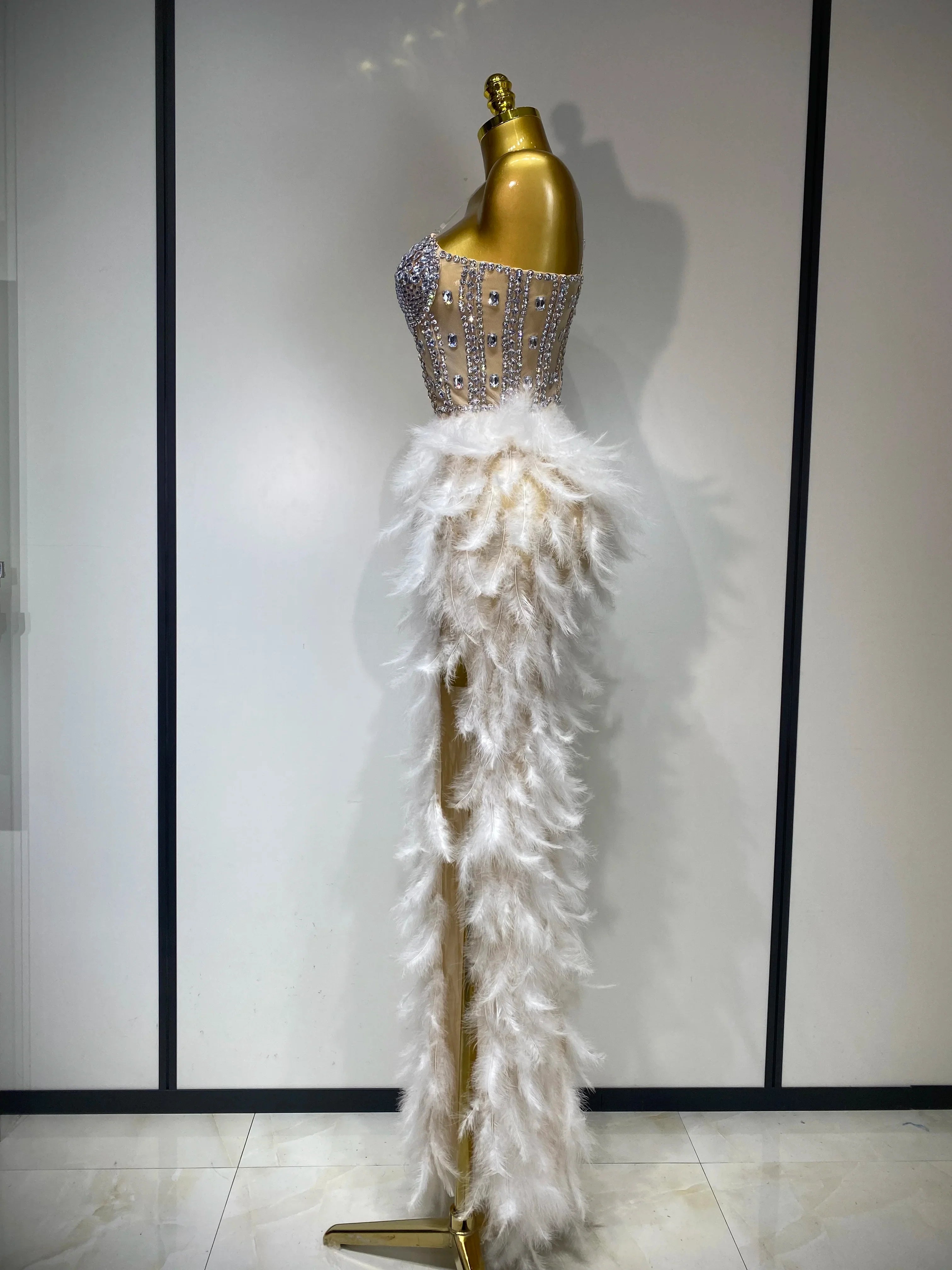 Anna Sparkly Rhinestone Feather Mesh Long Dress