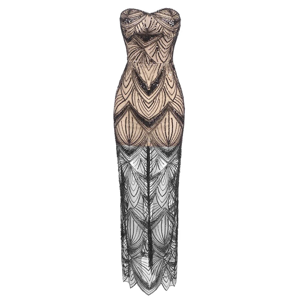 Ayanna Luxury Sequin Beaded Party Dress – Strapless Glitter Patchwork Mesh Gown