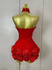 Cleo Sexy Halter Red Floral Lace Bodycon Mini Dress
