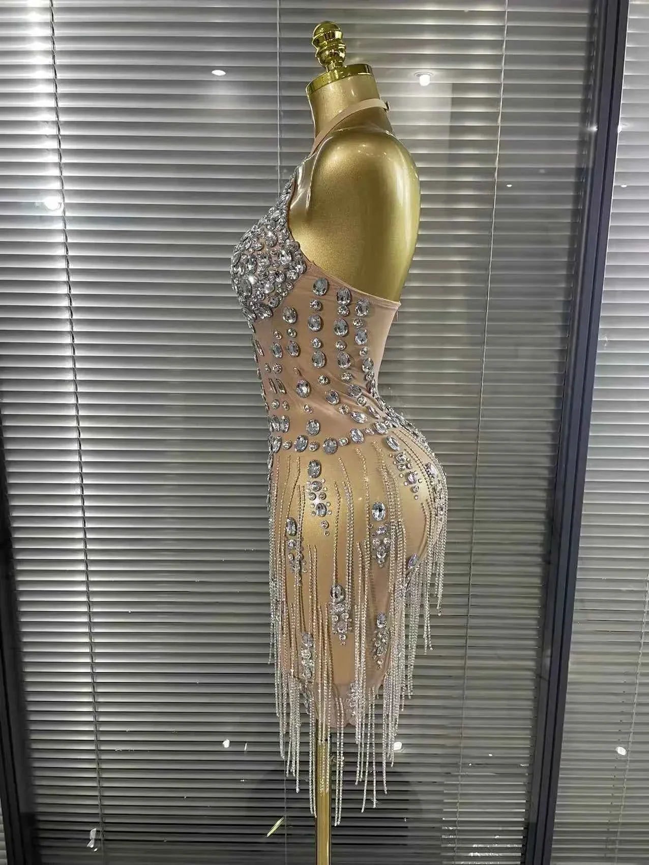 Carmen Crystal Diamond Halter Mesh Evening Gown