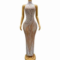Amina Silver Mirror Rhinestone Pearl Prom Dress