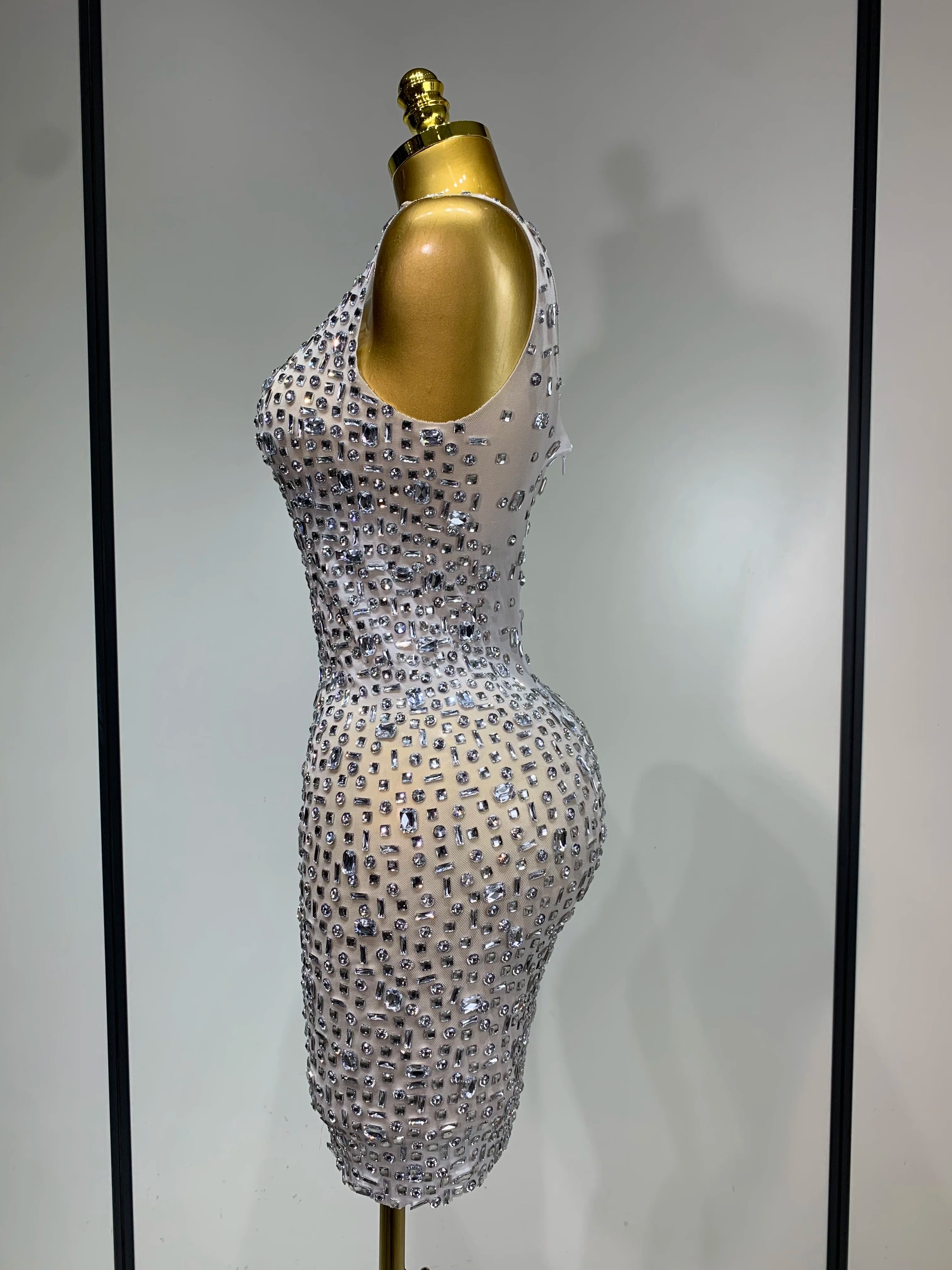 Carole Luxury Sparkly Rhinestone Sexy Mesh See-Through Short Dress