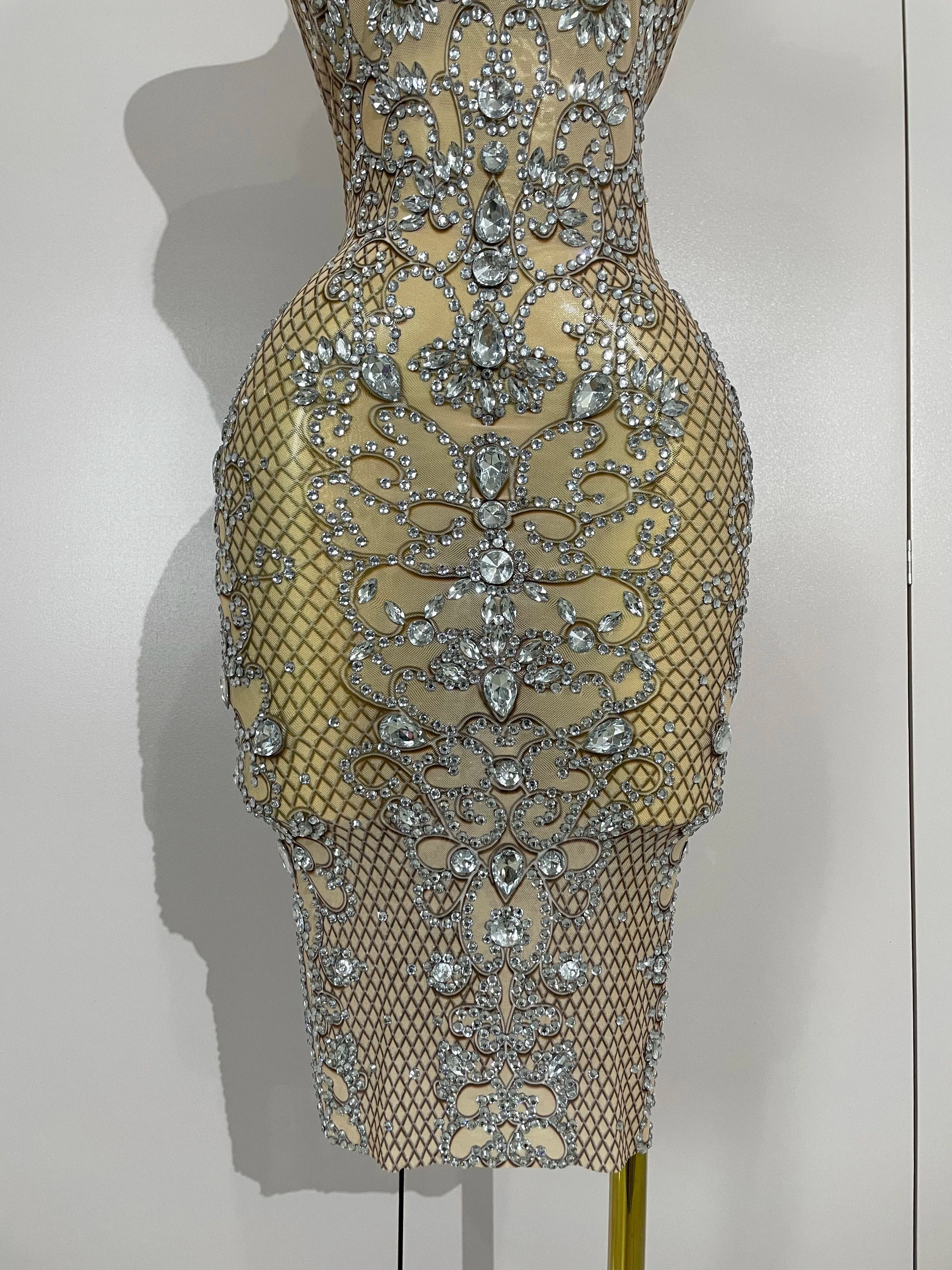 Amelise Sparkly Crystal Diamonds See Through Mesh Dress