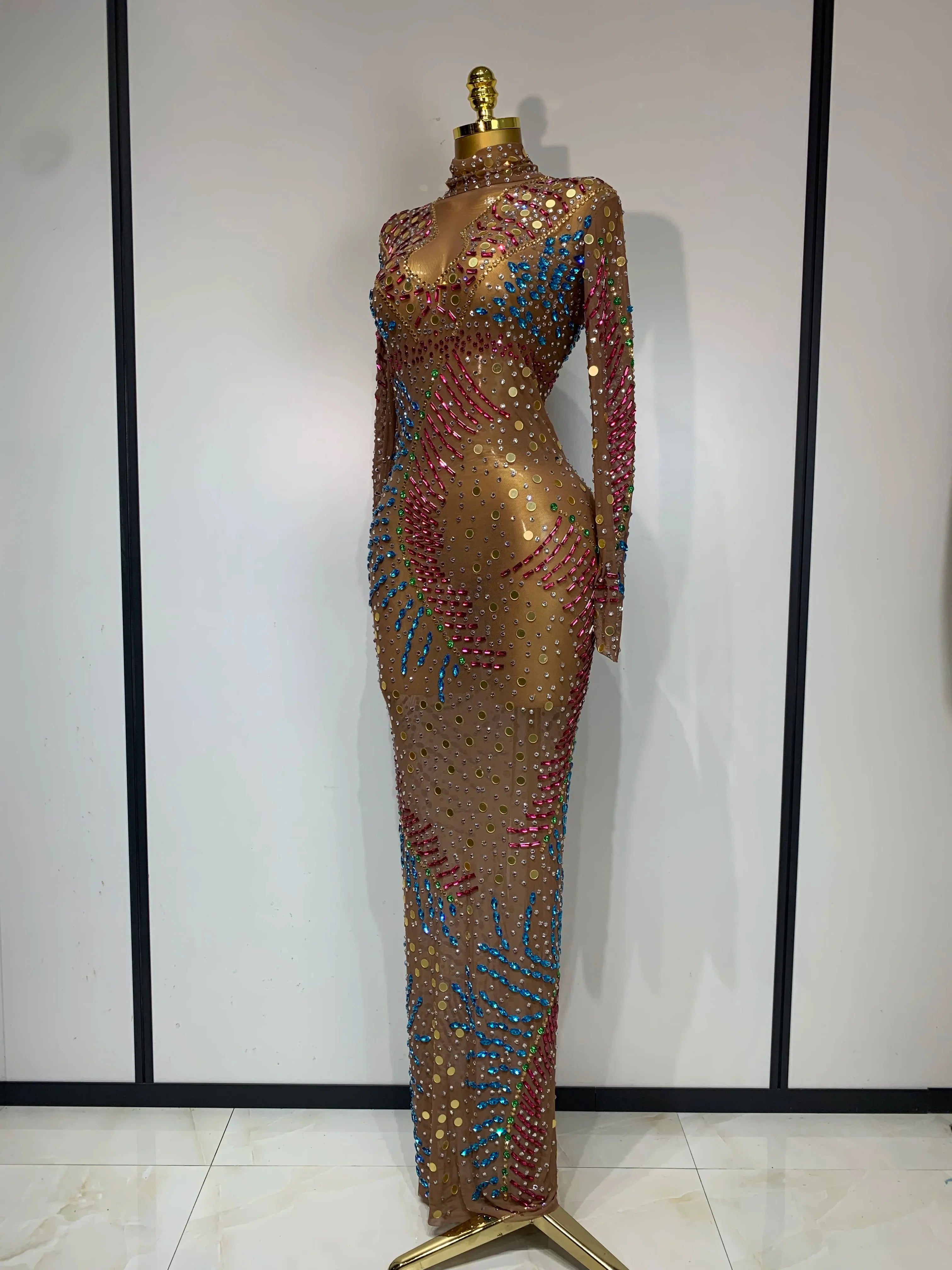 Arilynn Sparkly Rhinestone Sheer Mesh Long Dress