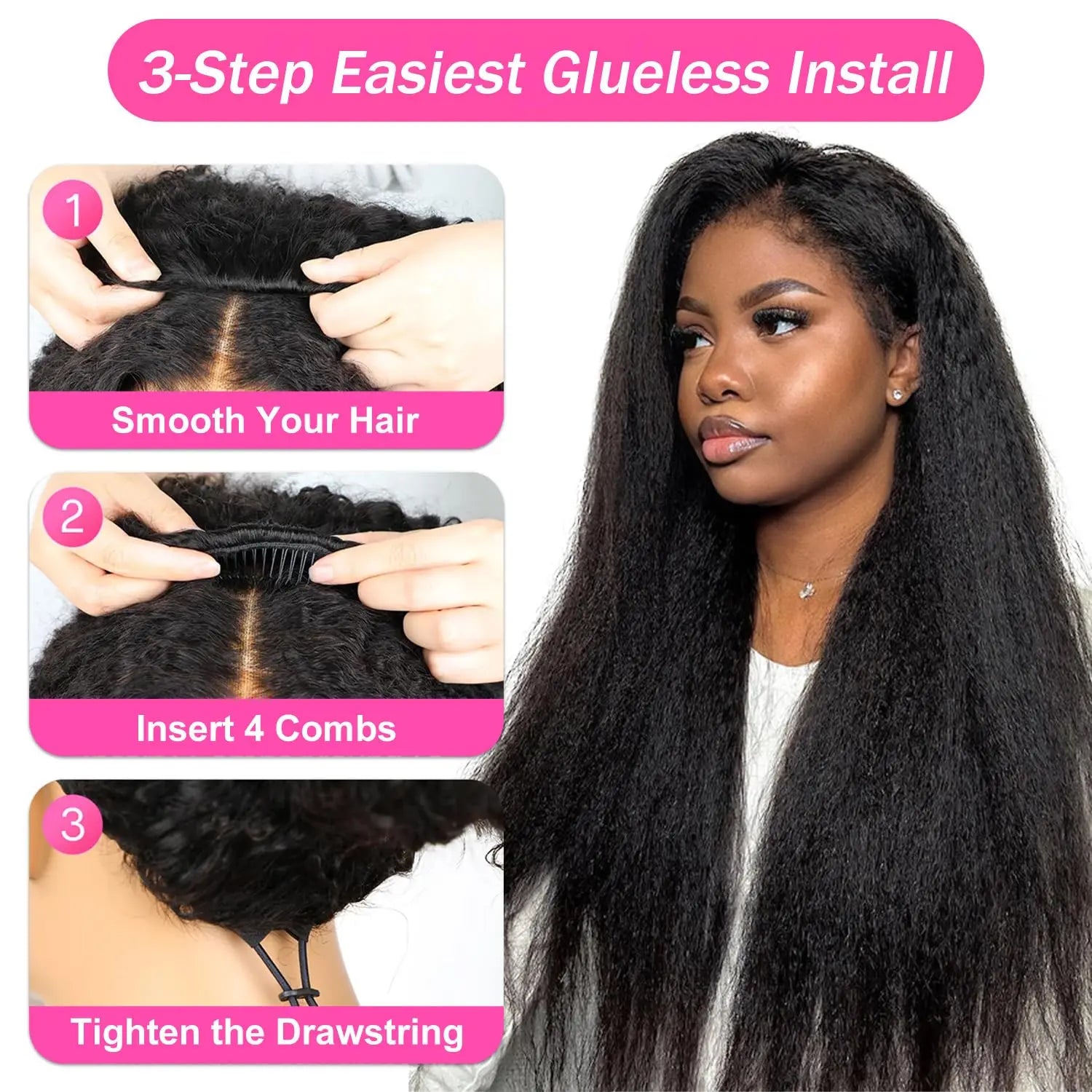 3 in 1 Half Kinky Straight Human Hair Wig – 30 Inch Wear & Go Wig, 250% Density, Drawstring Seamless Flip, No Glue No Silk