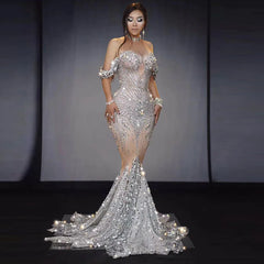 Bright Crystal Sequins Elegant Fishnet Prom Dress