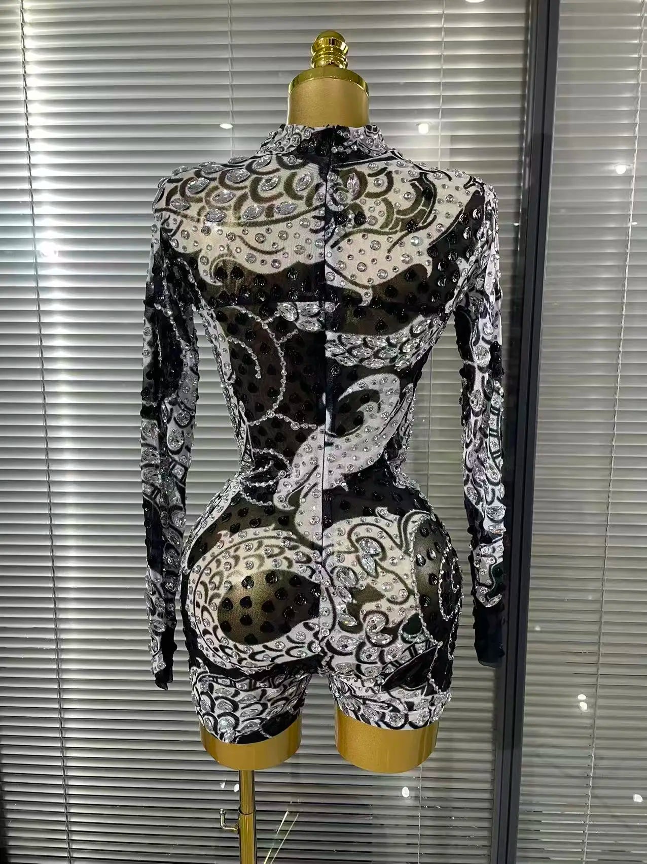 Baela Long Sleeve Sparkly Crystal Mesh Bodycon Playsuit