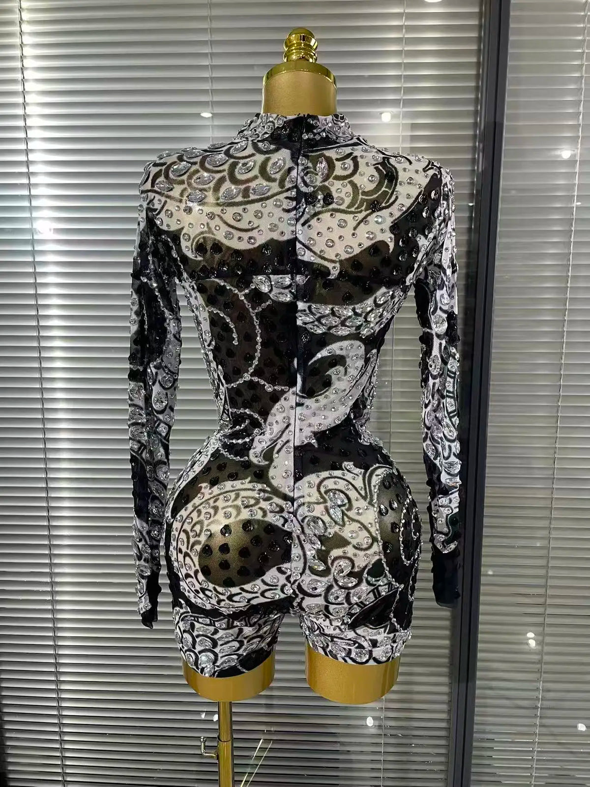 Baela Long Sleeve Sparkly Crystal Mesh Bodycon Playsuit