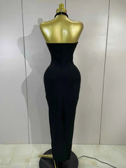 Bianca Sexy Beaded Scalloped Halter Black Bodycon Bandage Maxi Dress