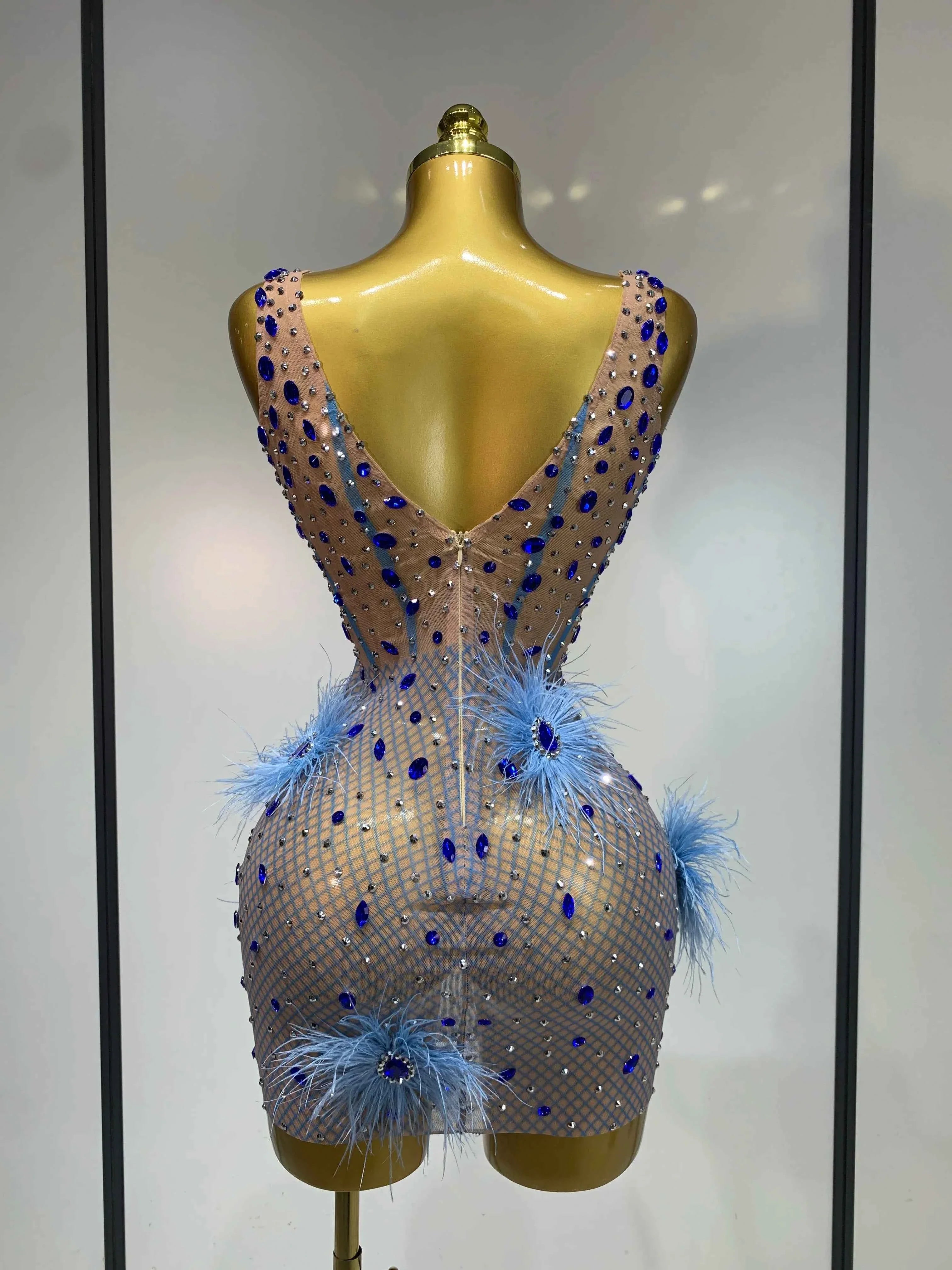 Cory Diamonds Feather Sexy See Through Sleeveless Stretch Bodycon Dress