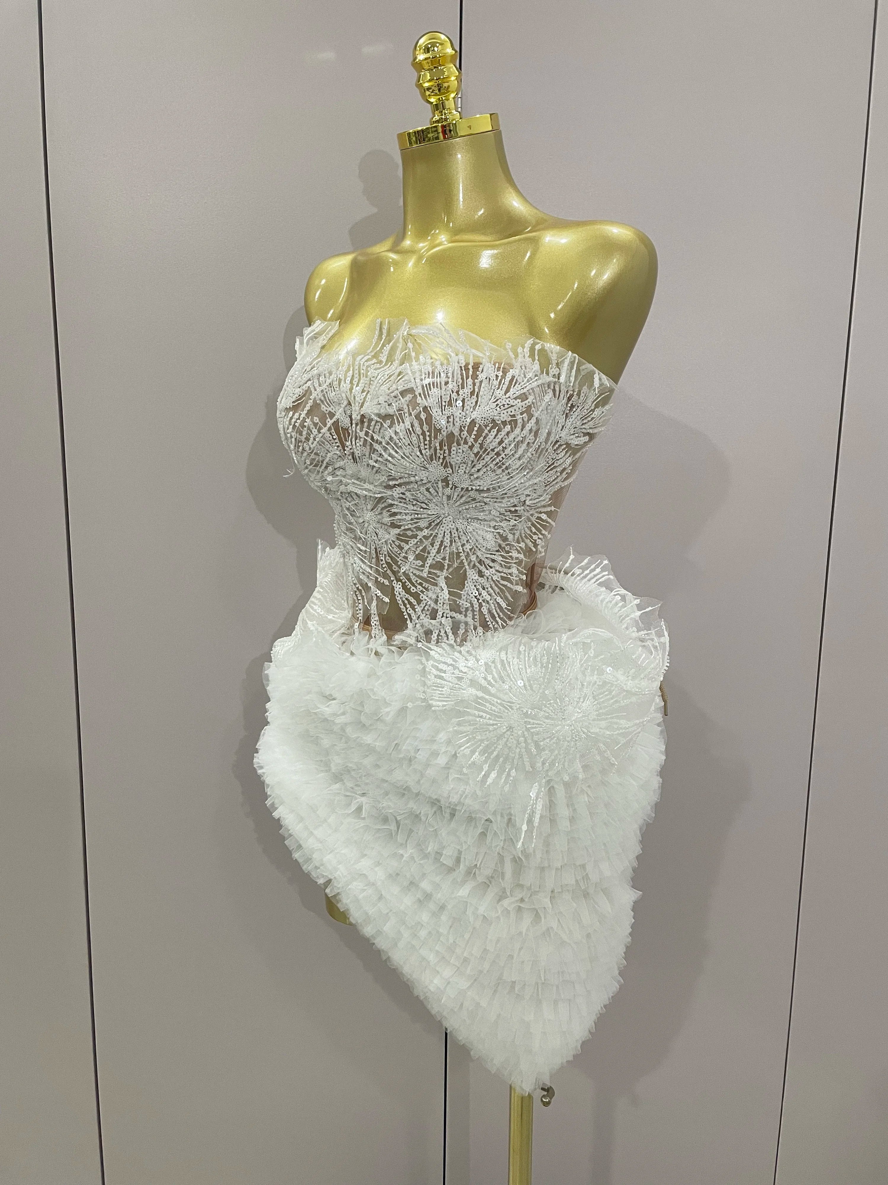 Arlina White Lace Strapless Tops Ruffles Mini Skirt 2 PCS Set