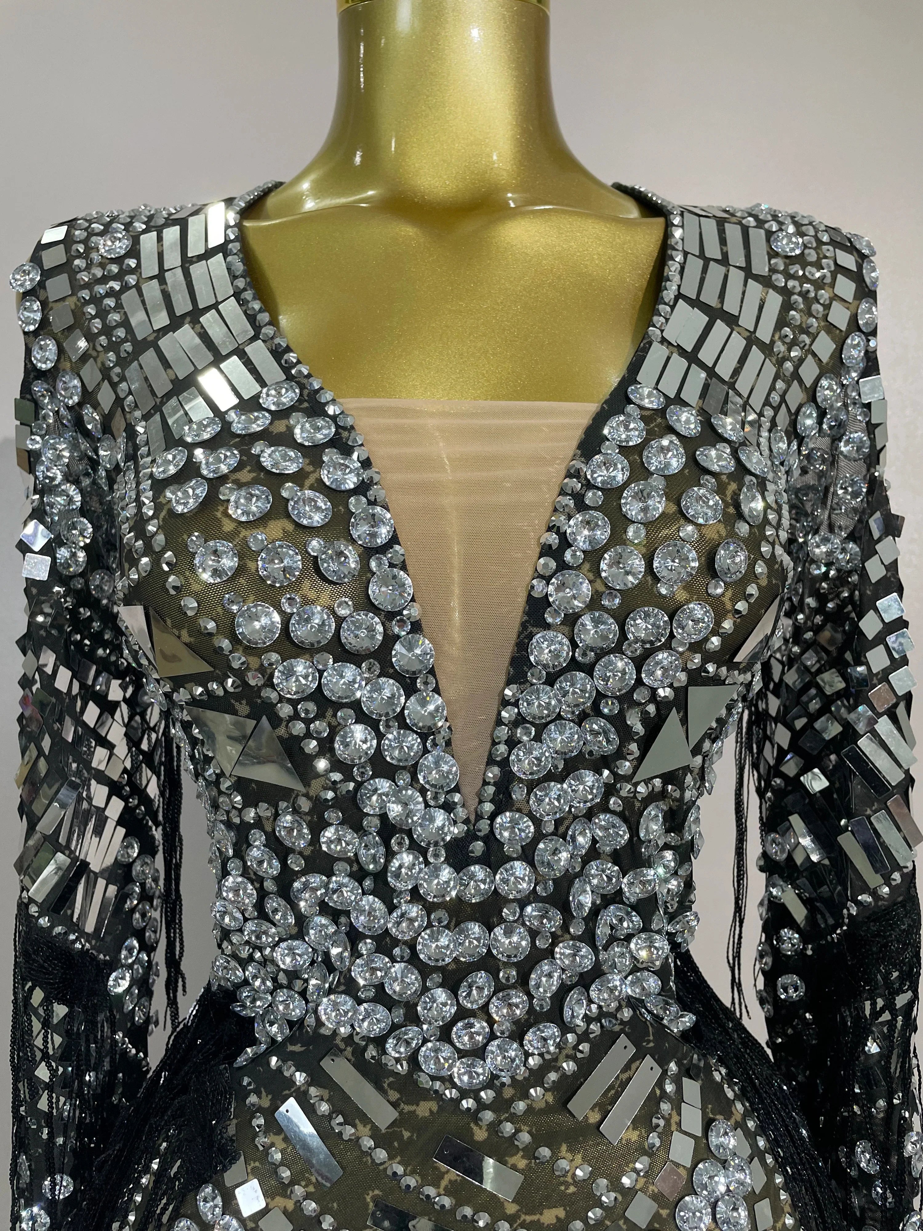 Candice Sparkling Diamond Sequin Tassel Long Sleeve Sheer Mesh Mini Dress