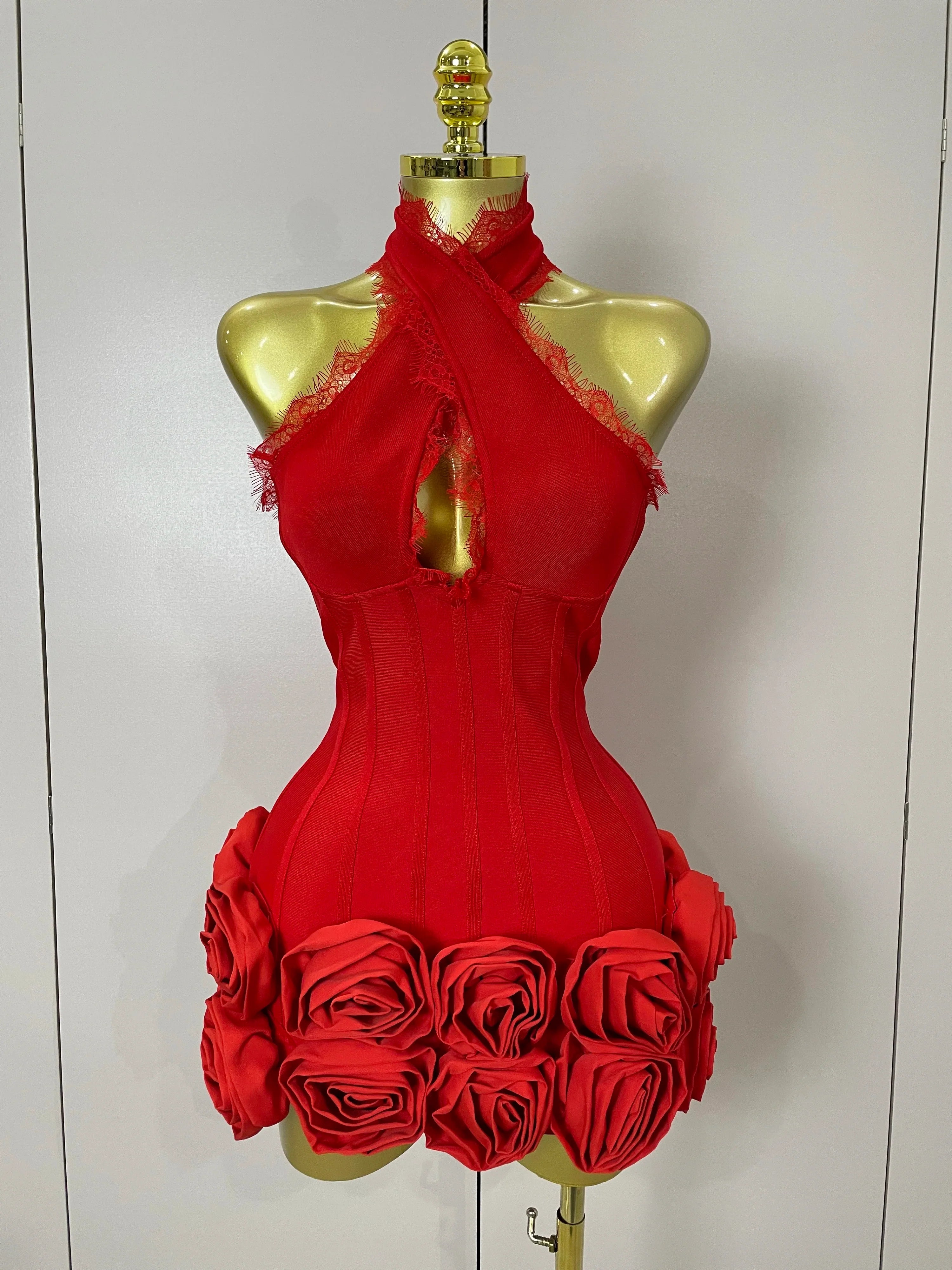 Cleo Sexy Halter Red Floral Lace Bodycon Mini Dress