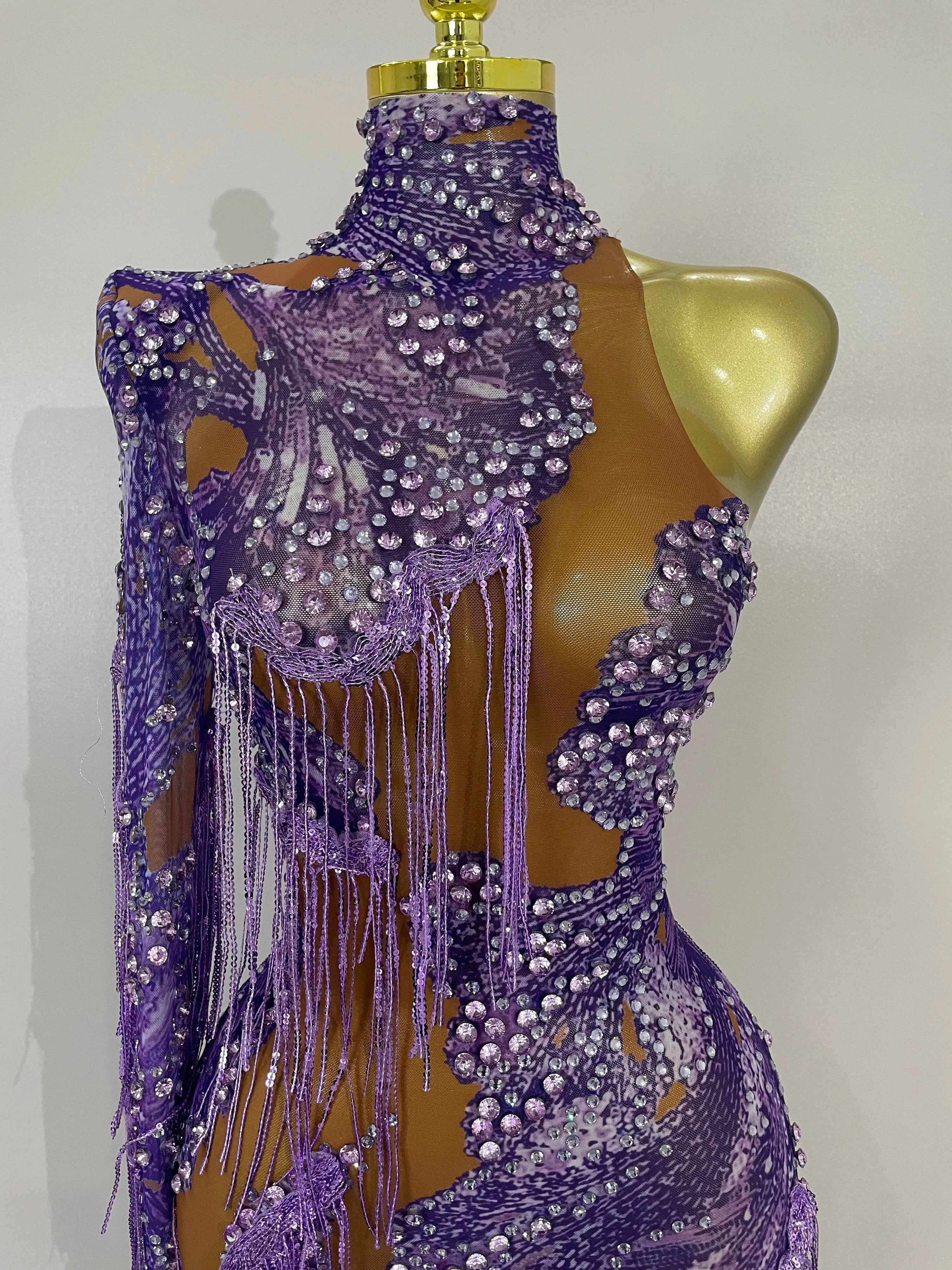 Dayla Sparkle Diamond Purple Tassel One-Shoulder Mesh Jumpsuit