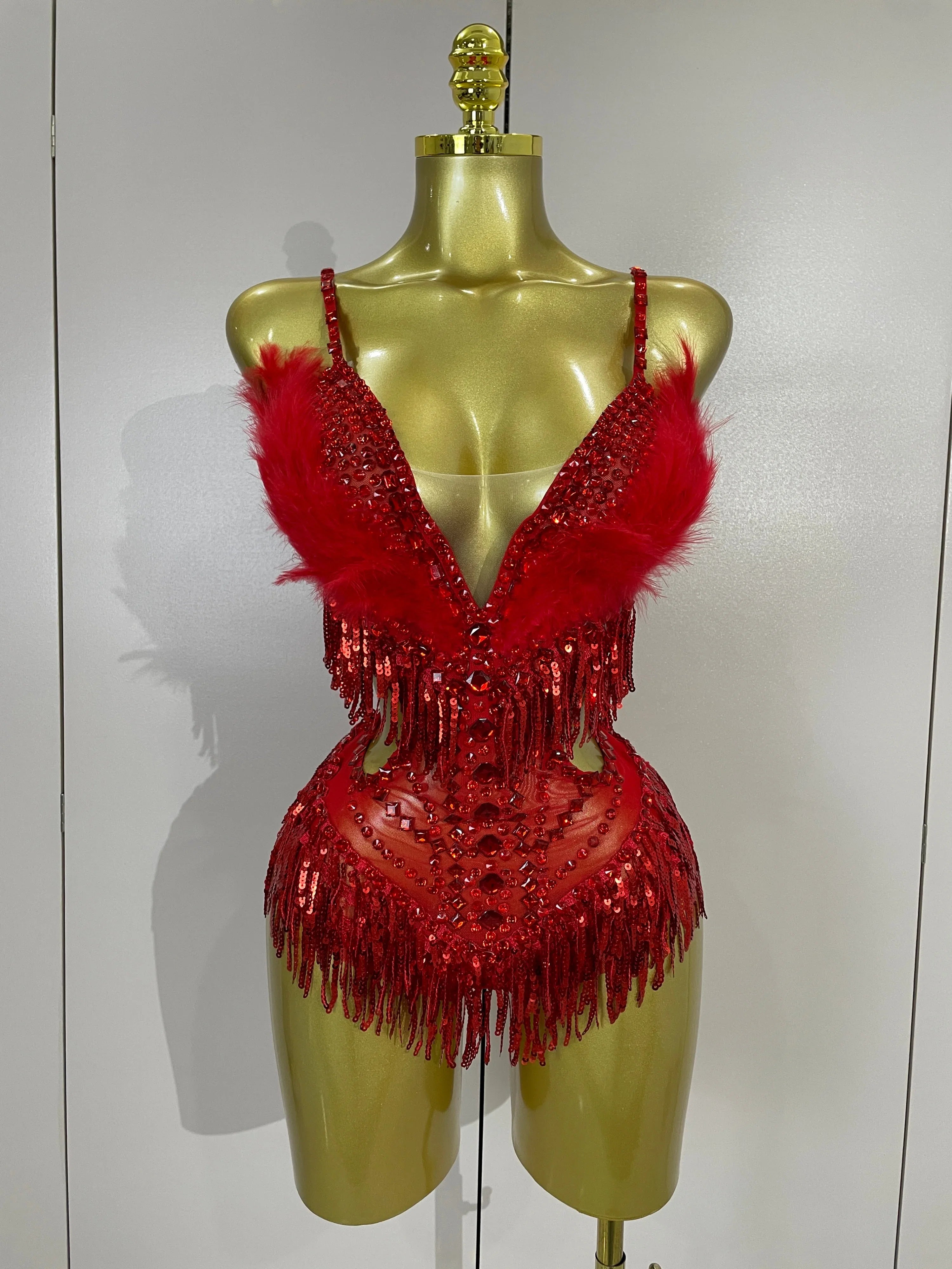 Claire Rhinestone Feather Tassel Mesh Bodysuit